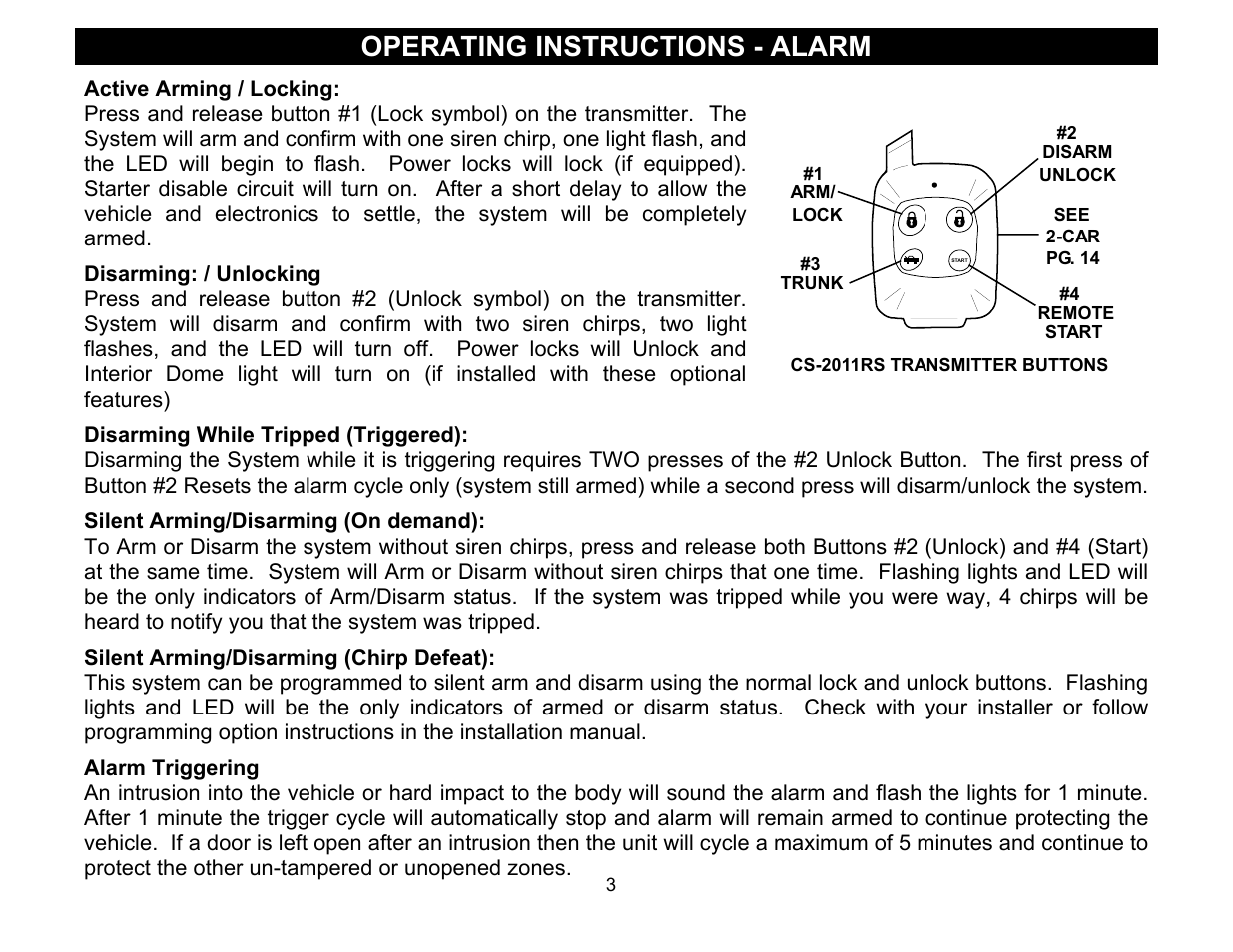 Operating instructions - alarm | Crimestopper Security Products CS-2011RS User Manual | Page 3 / 16