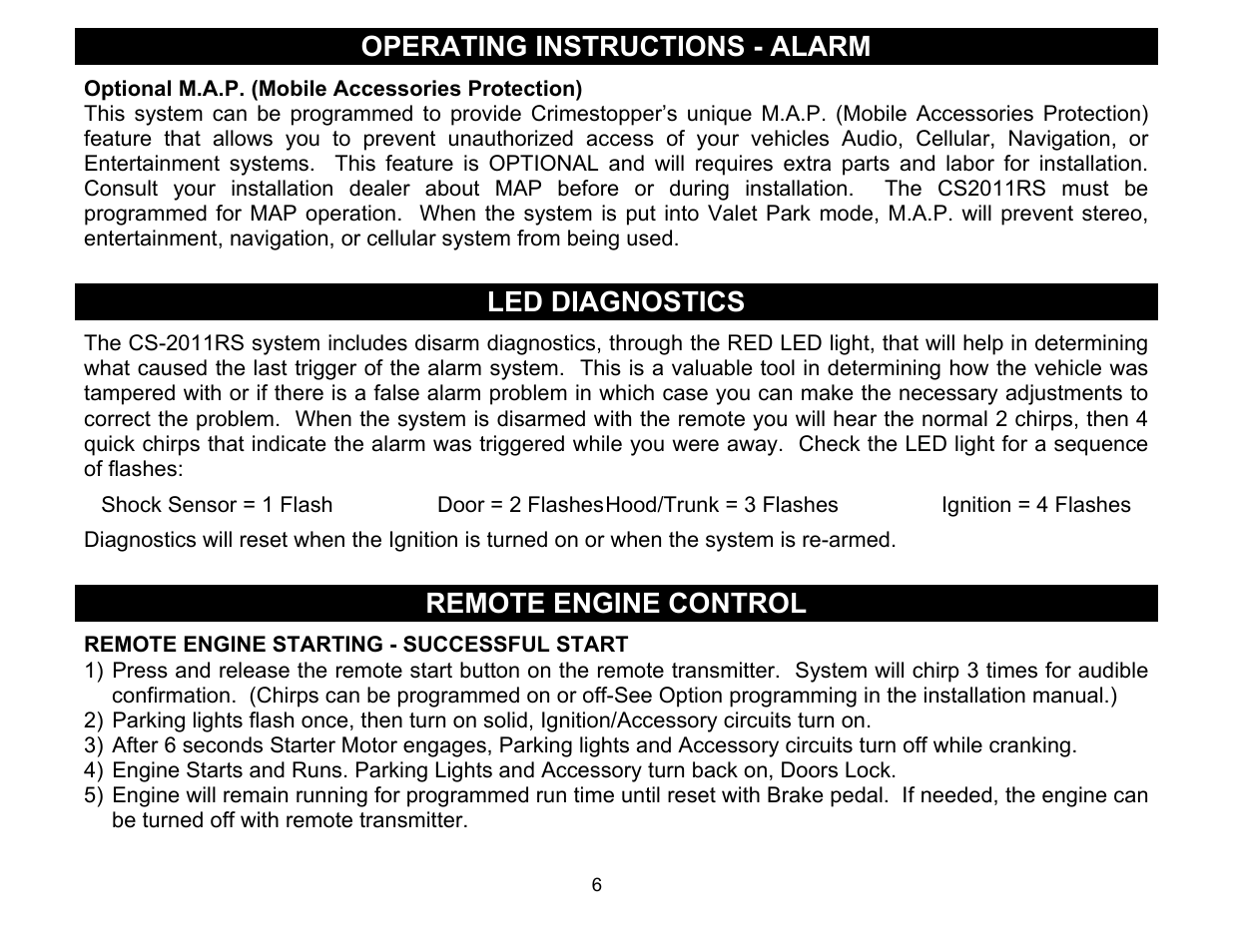 Led diagnostics, Remote engine starting - successful start, Operating instructions - alarm | Remote engine control | Crimestopper Security Products CS-2011RS User Manual | Page 6 / 16