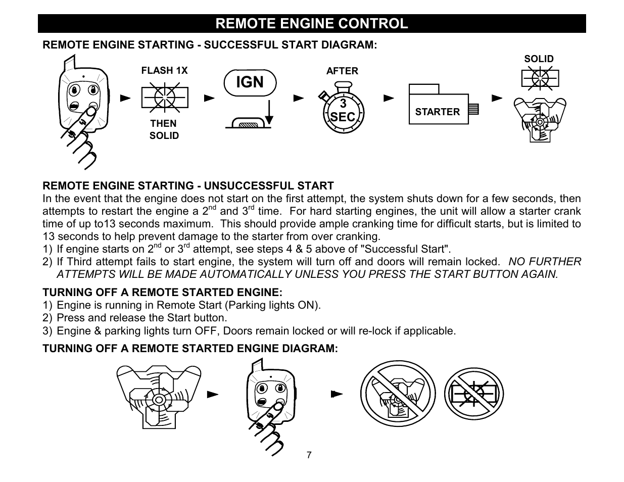Remote engine starting - successful start diagram, Remote engine starting - unsuccessful start, Turning off a remote started engine | Turning off a remote started engine diagram, Remote engine control | Crimestopper Security Products CS-2011RS User Manual | Page 7 / 16