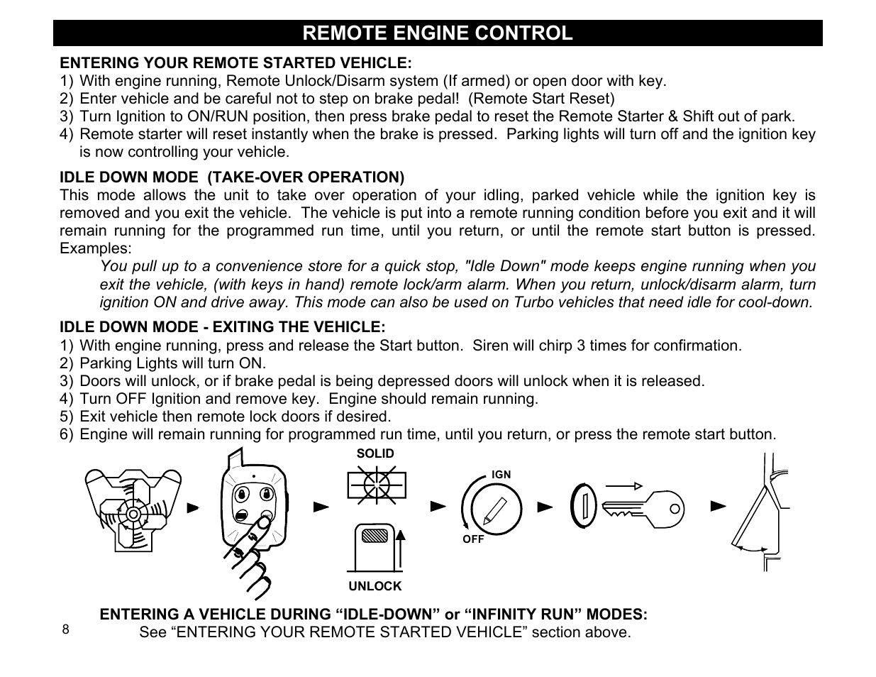 Idle down mode (take-over operation), Idle down mode - exiting the vehicle, Remote engine control | Crimestopper Security Products CS-2011RS User Manual | Page 8 / 16