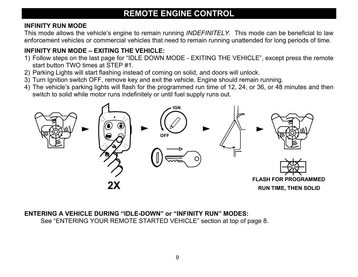 Infinity run mode, Infinity run mode – exiting the vehicle, Remote engine control | Crimestopper Security Products CS-2011RS User Manual | Page 9 / 16