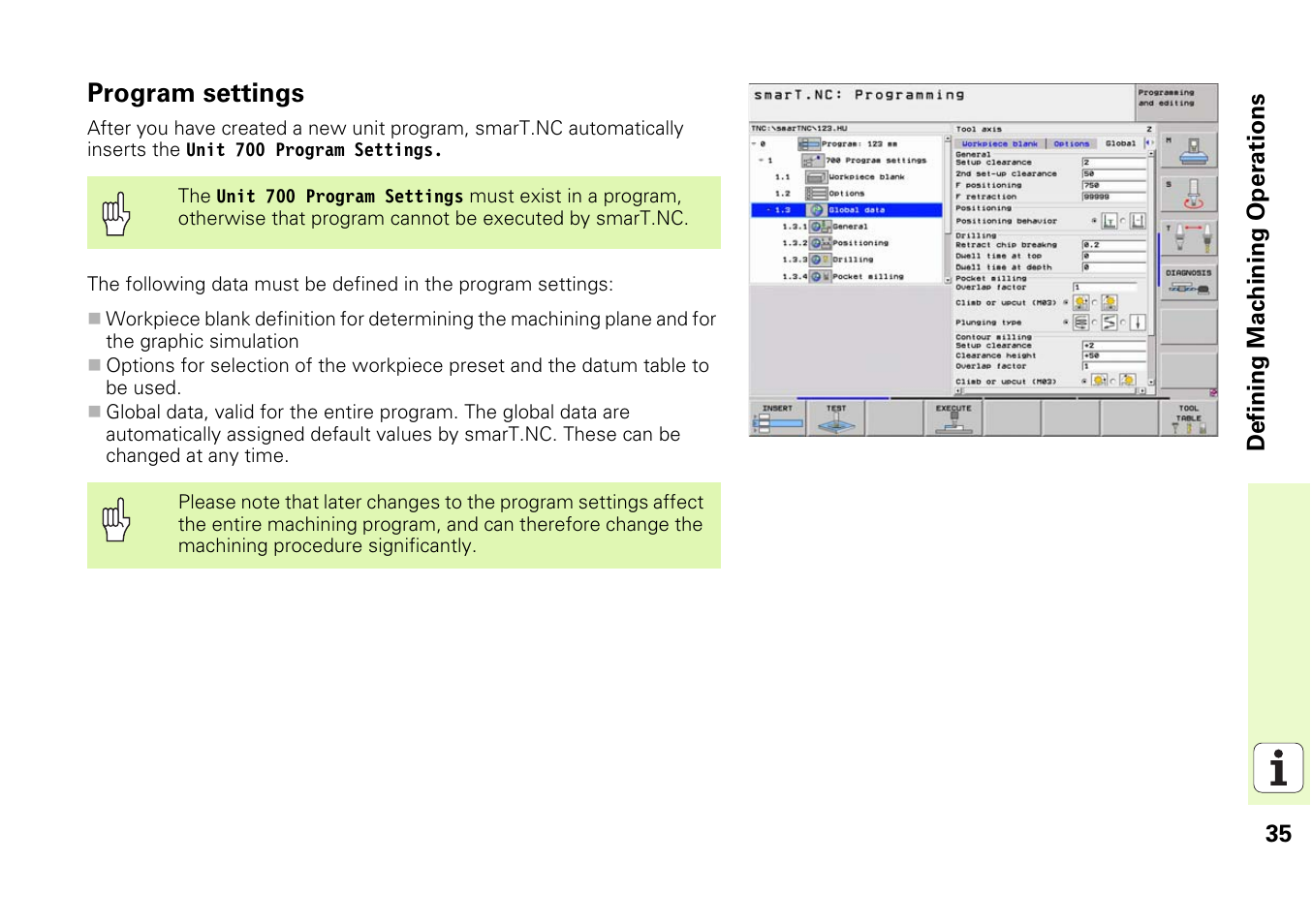 Program settings | HEIDENHAIN iTNC 530 (340 49x-03) smarT.NC Pilot User Manual | Page 35 / 171