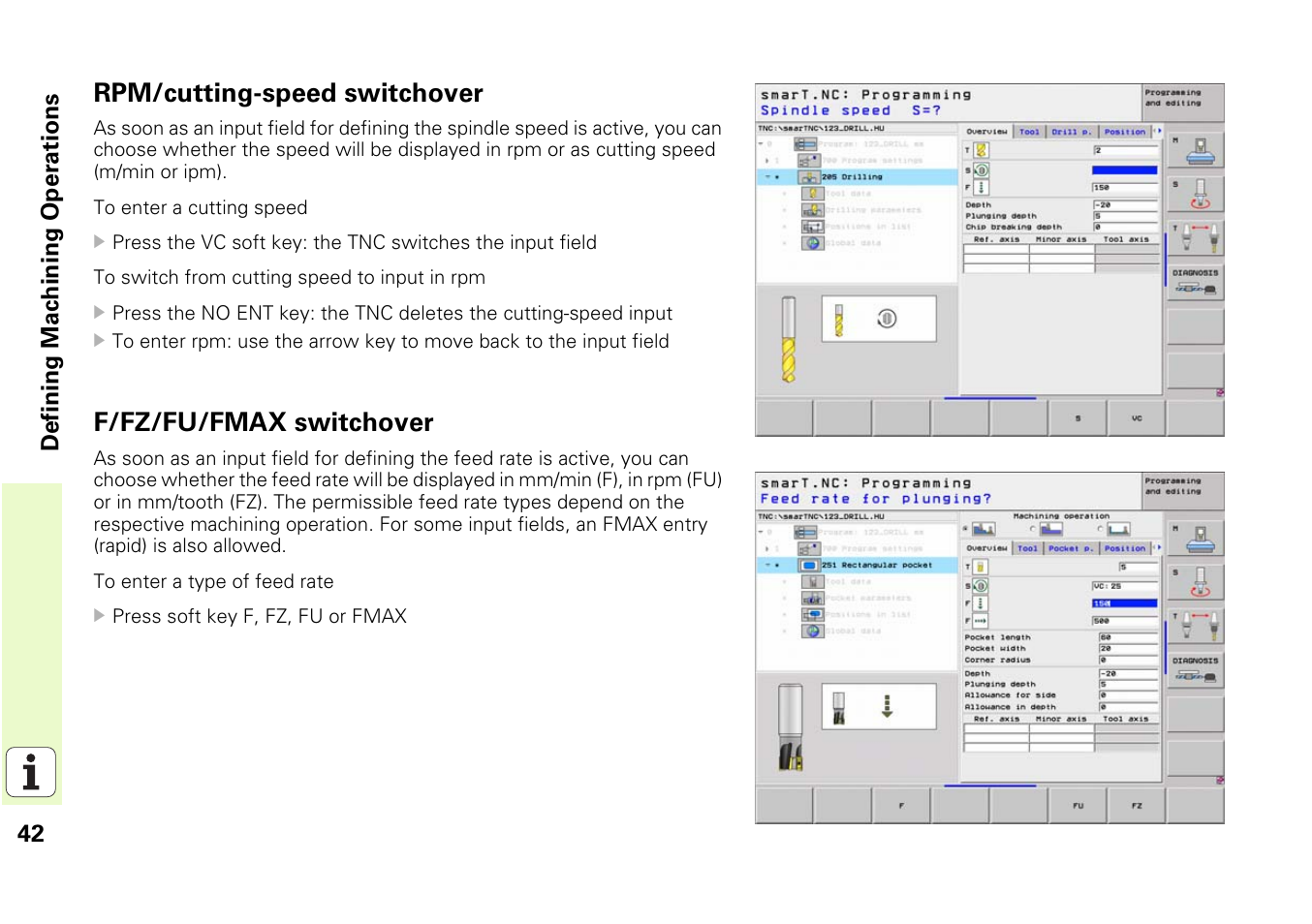 Rpm/cutting-speed switchover, F/fz/fu/fmax switchover | HEIDENHAIN iTNC 530 (340 49x-03) smarT.NC Pilot User Manual | Page 42 / 171