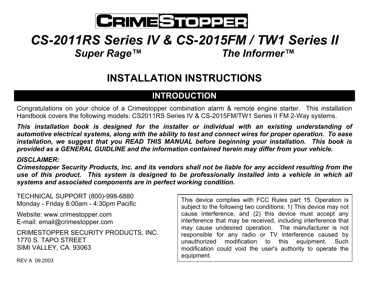 Crimestopper Security Products CS-2011RS SERIES IV User Manual | 28 pages