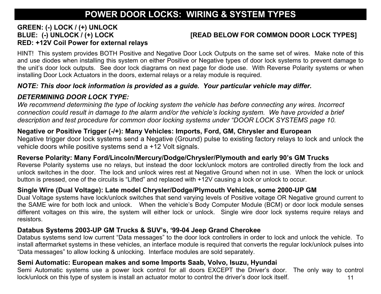 Power door locks: wiring & system types, Green: (-) lock / (+) unlock, Red: +12v coil power for external relays | Hint! this system provides both positive and neg, Reverse polarity: many ford/lincoln/mercury/dodge | Crimestopper Security Products CS-2011RS SERIES IV User Manual | Page 11 / 28