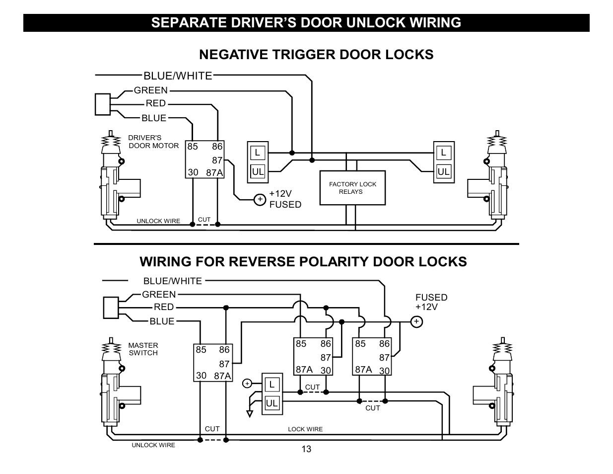 Separate driver’s door unlock wiring, Negative trigger door locks, Wiring for reverse polarity door locks | Crimestopper Security Products CS-2011RS SERIES IV User Manual | Page 13 / 28