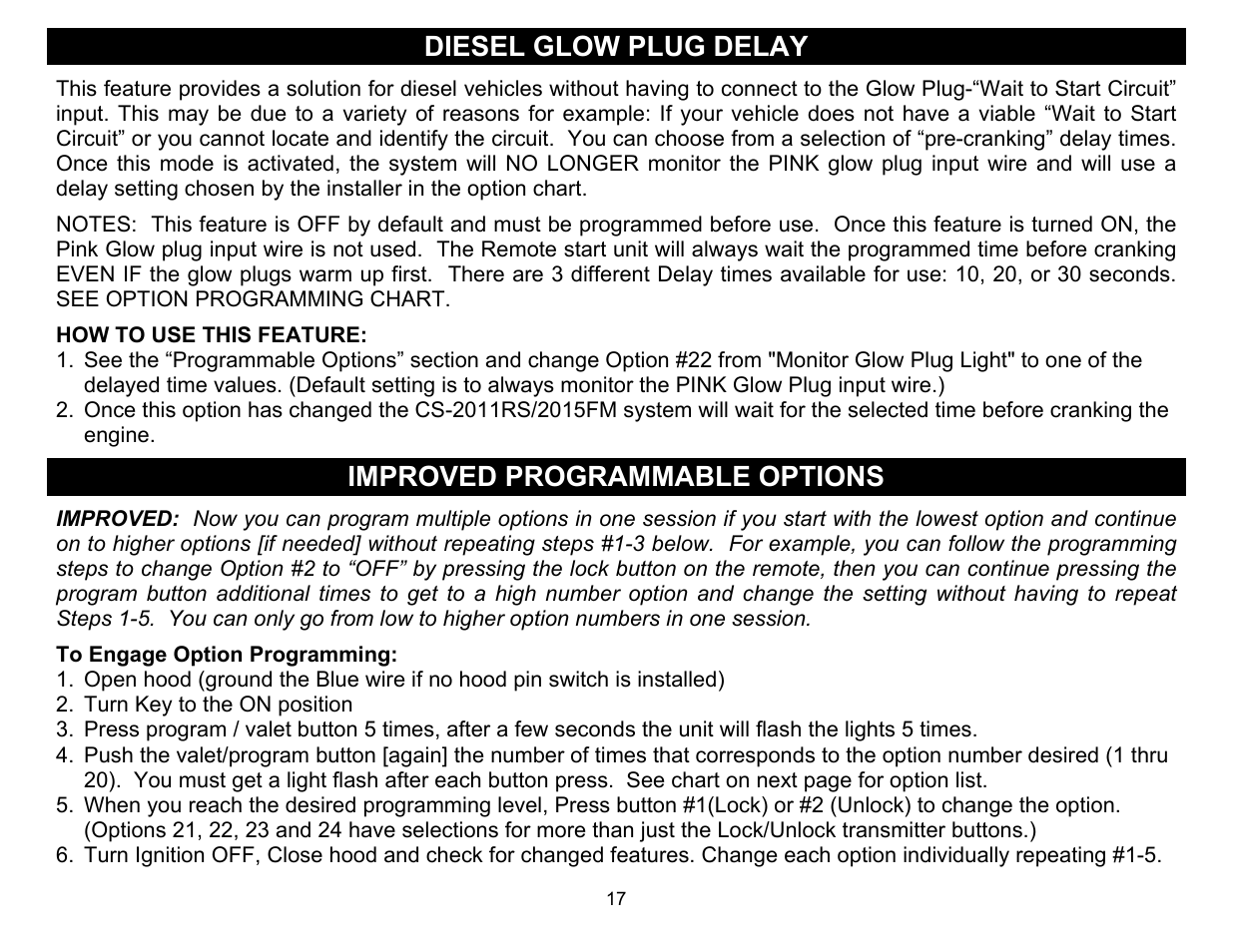 Diesel glow plug delay, Improved programmable options | Crimestopper Security Products CS-2011RS SERIES IV User Manual | Page 17 / 28