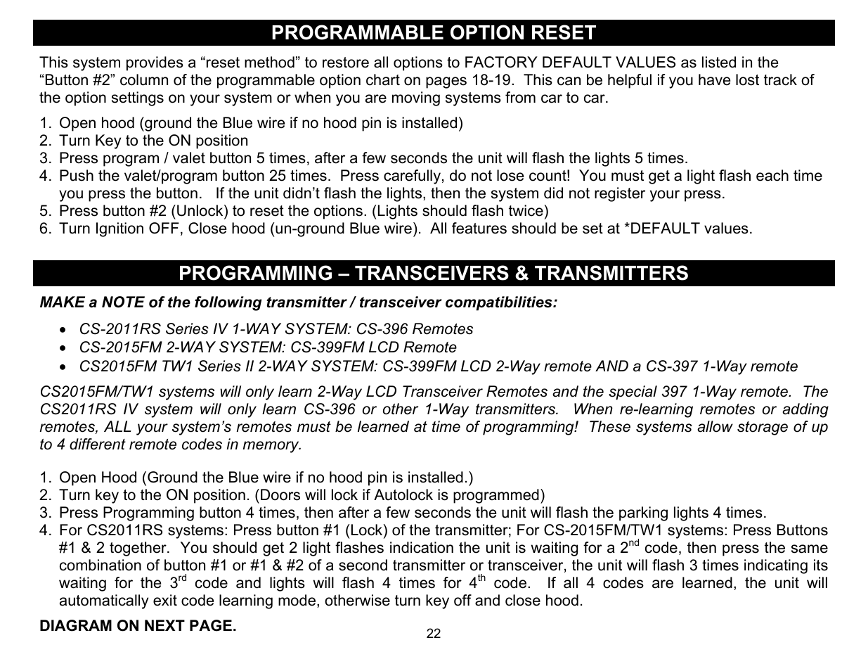 Programmable option reset, Programming – transceivers & transmitters | Crimestopper Security Products CS-2011RS SERIES IV User Manual | Page 22 / 28