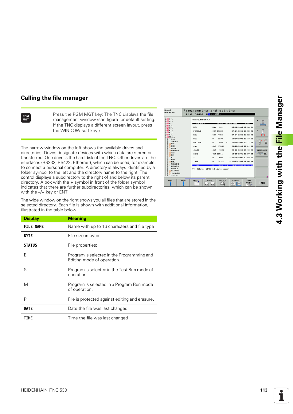 Calling the file manager, 3 w o rking with the file manag er | HEIDENHAIN iTNC 530 (340 49x-03) ISO programming User Manual | Page 113 / 675