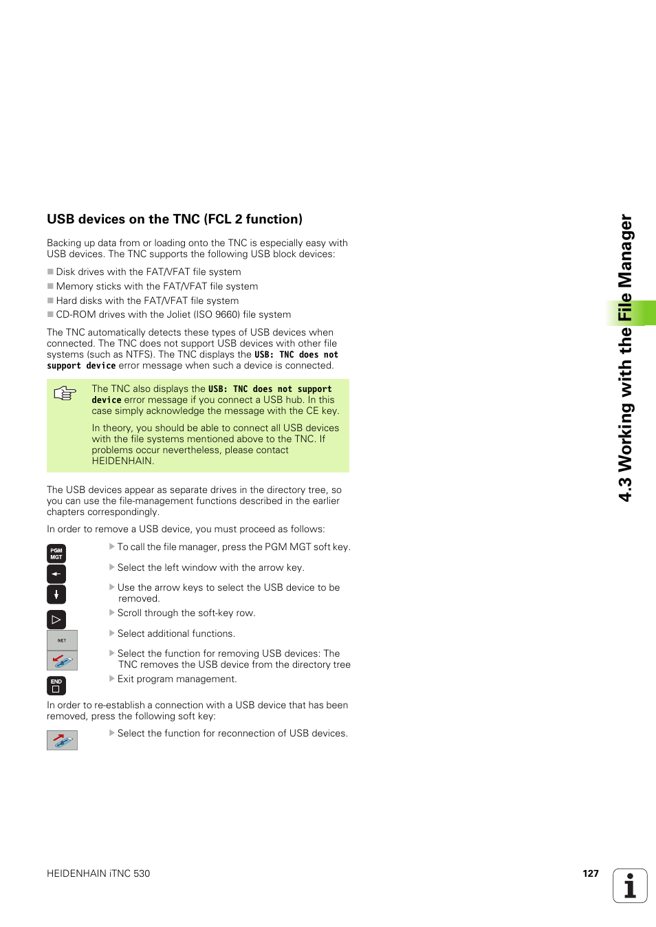 Usb devices on the tnc (fcl 2 function), 3 w o rking with the file manag er | HEIDENHAIN iTNC 530 (340 49x-03) ISO programming User Manual | Page 127 / 675