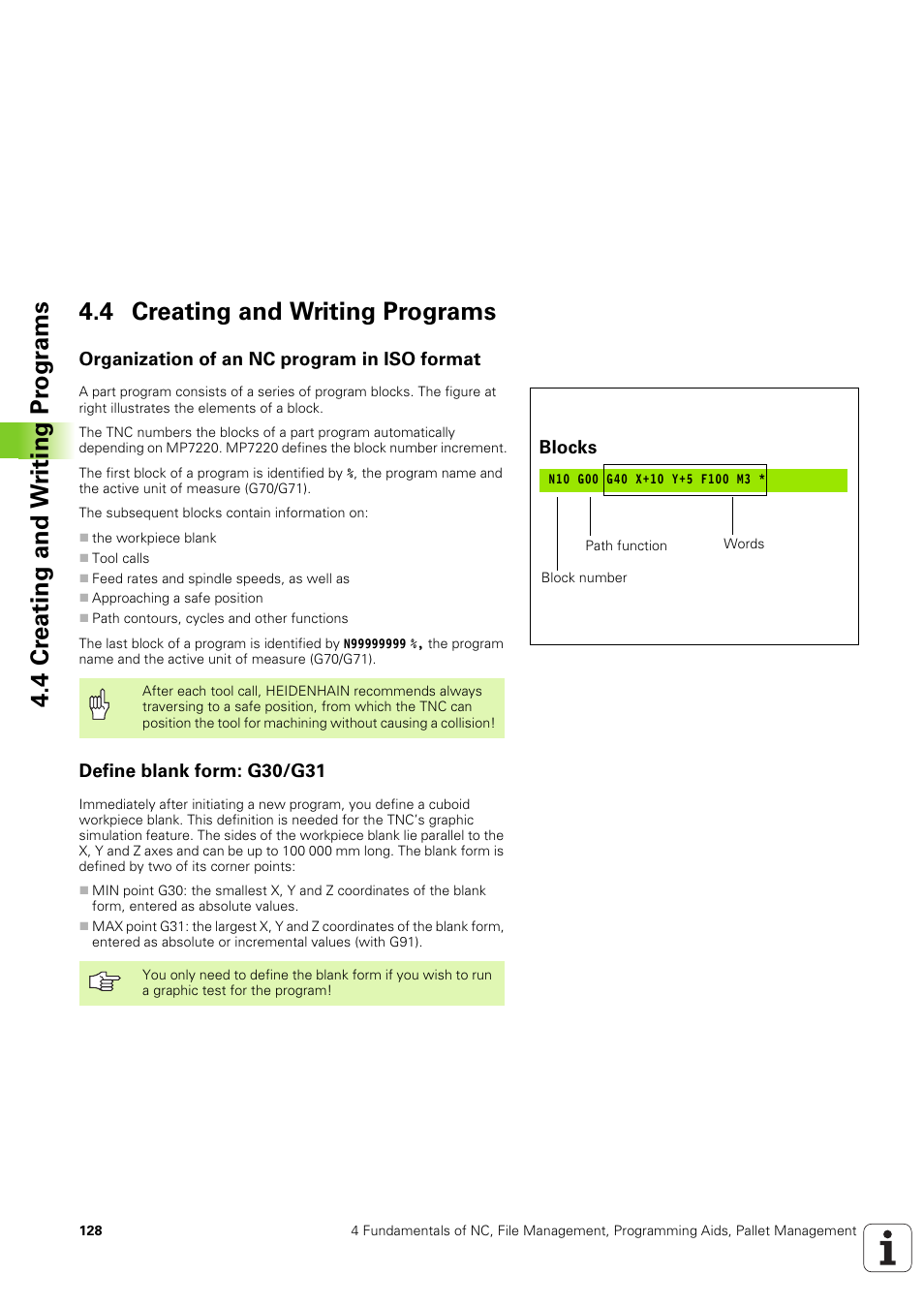 4 creating and writing programs, Organization of an nc program in iso format, Define blank form: g30/g31 | Define blank form: g30 | HEIDENHAIN iTNC 530 (340 49x-03) ISO programming User Manual | Page 128 / 675