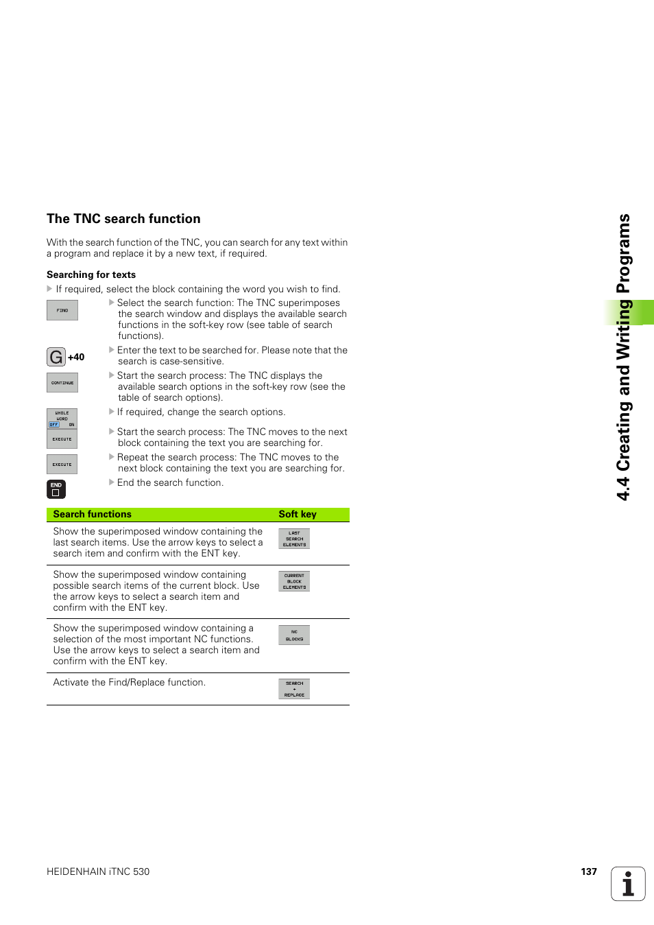 The tnc search function, 4 cr eating and w riting pr ogr ams | HEIDENHAIN iTNC 530 (340 49x-03) ISO programming User Manual | Page 137 / 675