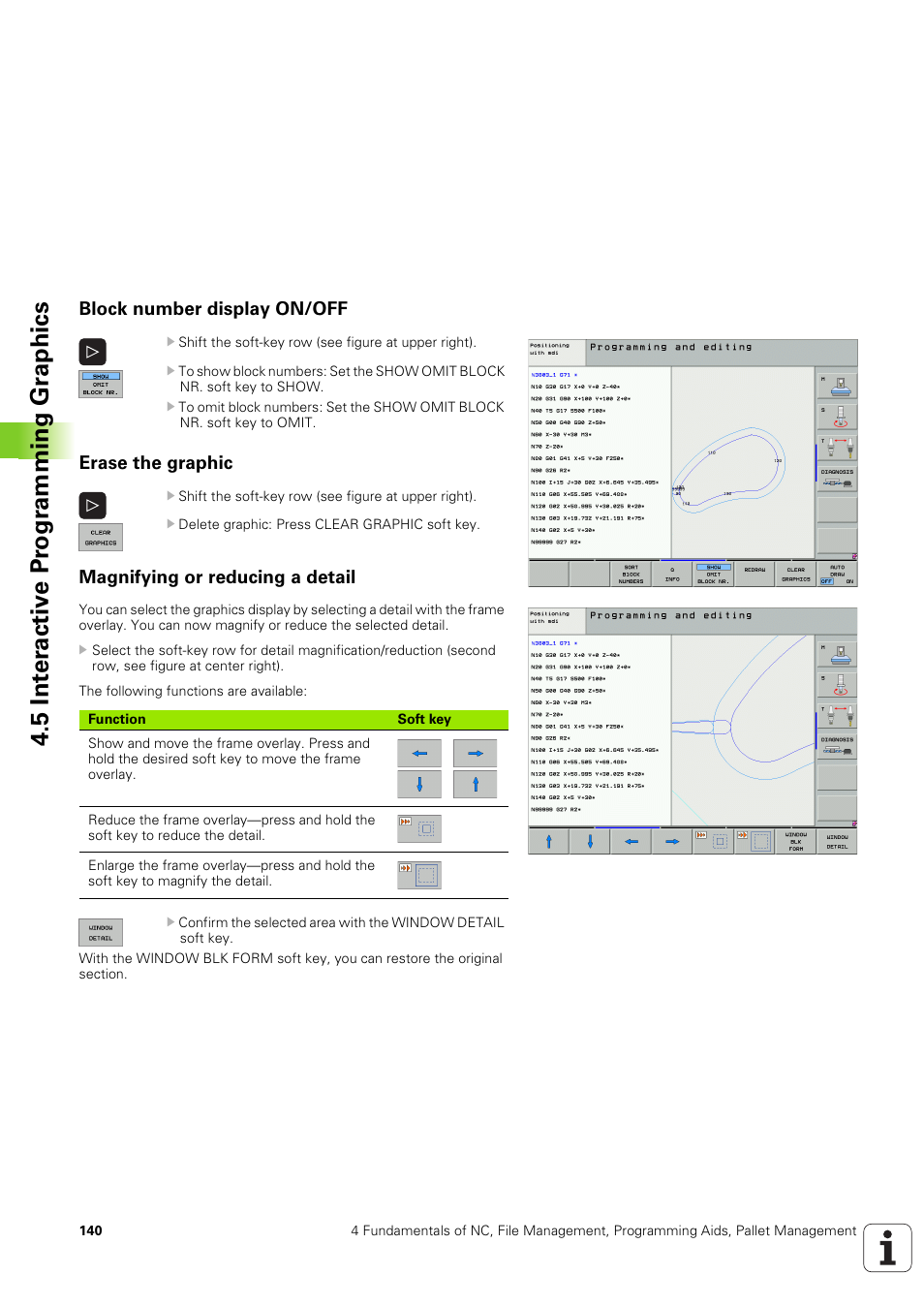 Block number display on/off, Erase the graphic, Magnifying or reducing a detail | 5 int er activ e pr ogr amming gr aphics | HEIDENHAIN iTNC 530 (340 49x-03) ISO programming User Manual | Page 140 / 675