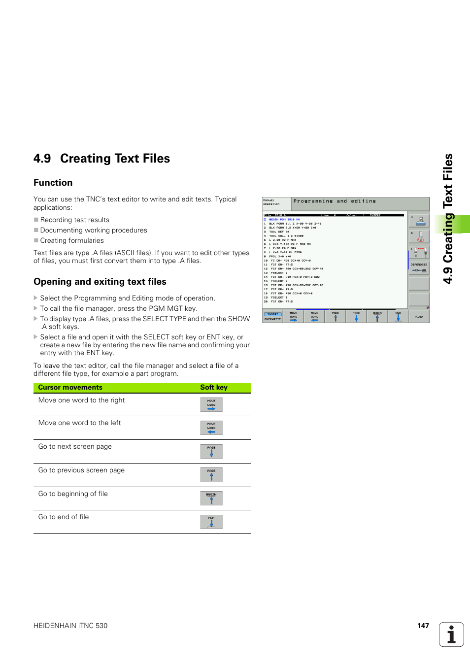 9 creating text files, Function, Opening and exiting text files | 9 cr eating t ext files 4.9 creating text files | HEIDENHAIN iTNC 530 (340 49x-03) ISO programming User Manual | Page 147 / 675