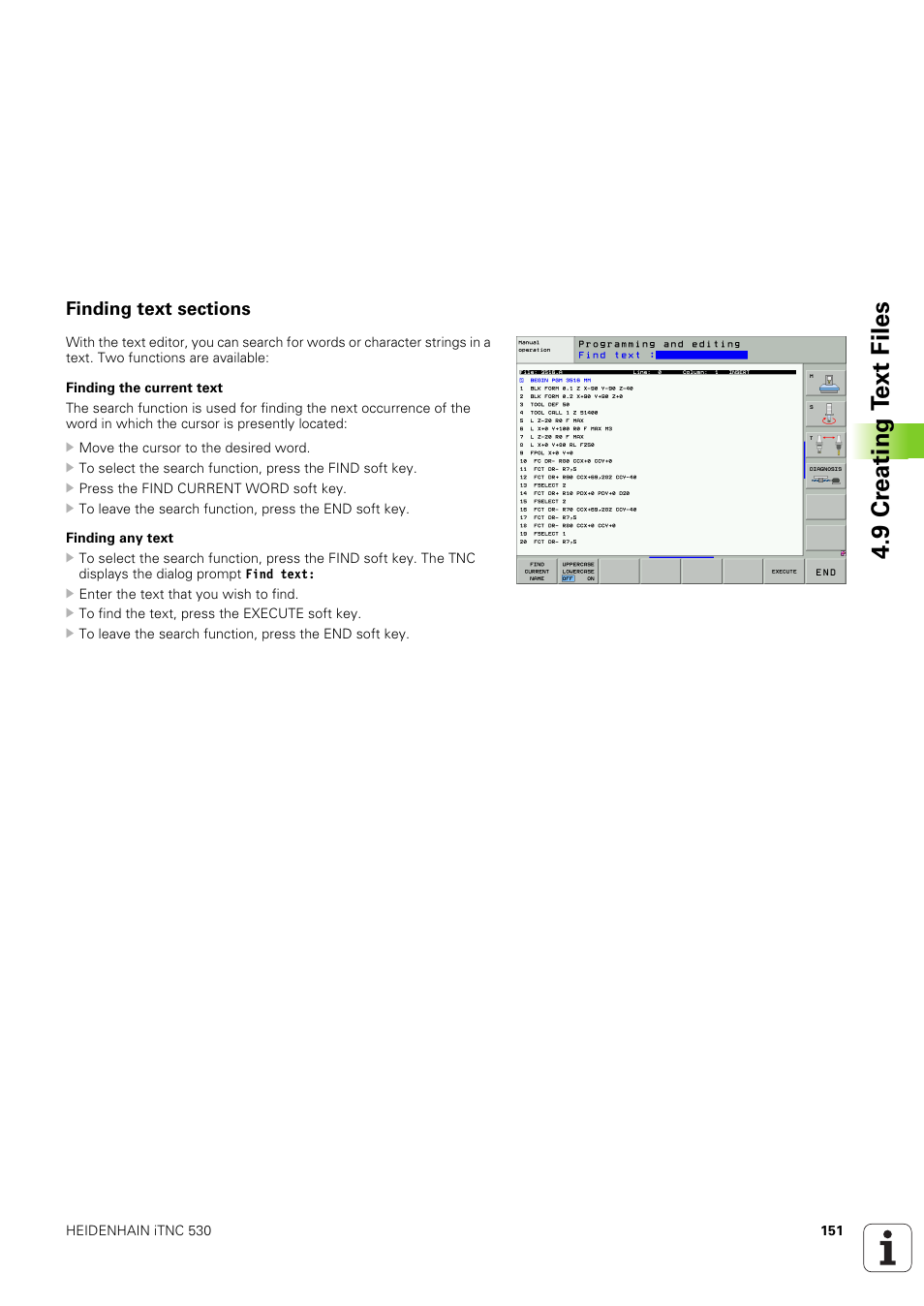 Finding text sections, 9 cr eating t ext files | HEIDENHAIN iTNC 530 (340 49x-03) ISO programming User Manual | Page 151 / 675