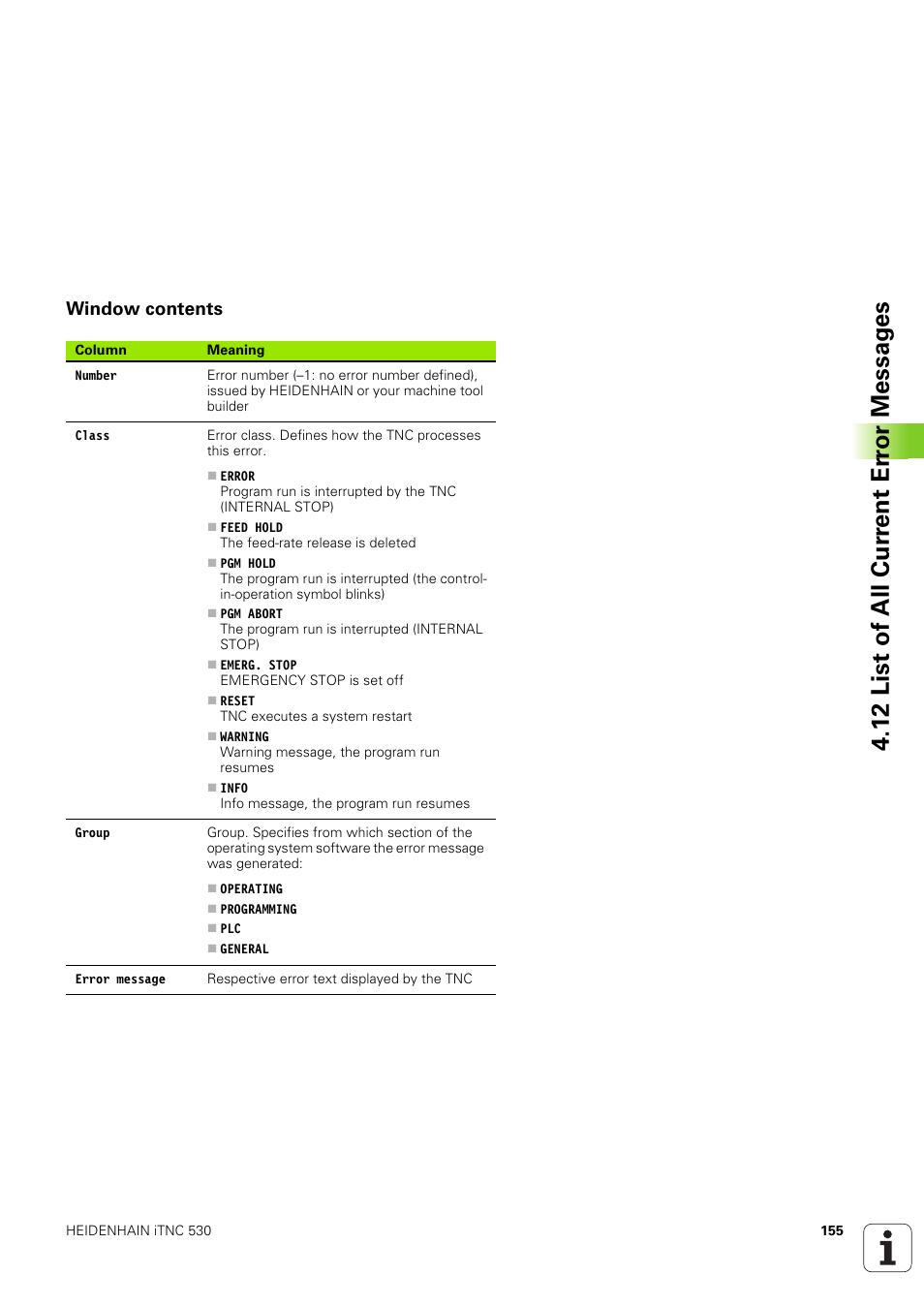 Window contents, 12 list of all cur rent er ro r messag es | HEIDENHAIN iTNC 530 (340 49x-03) ISO programming User Manual | Page 155 / 675
