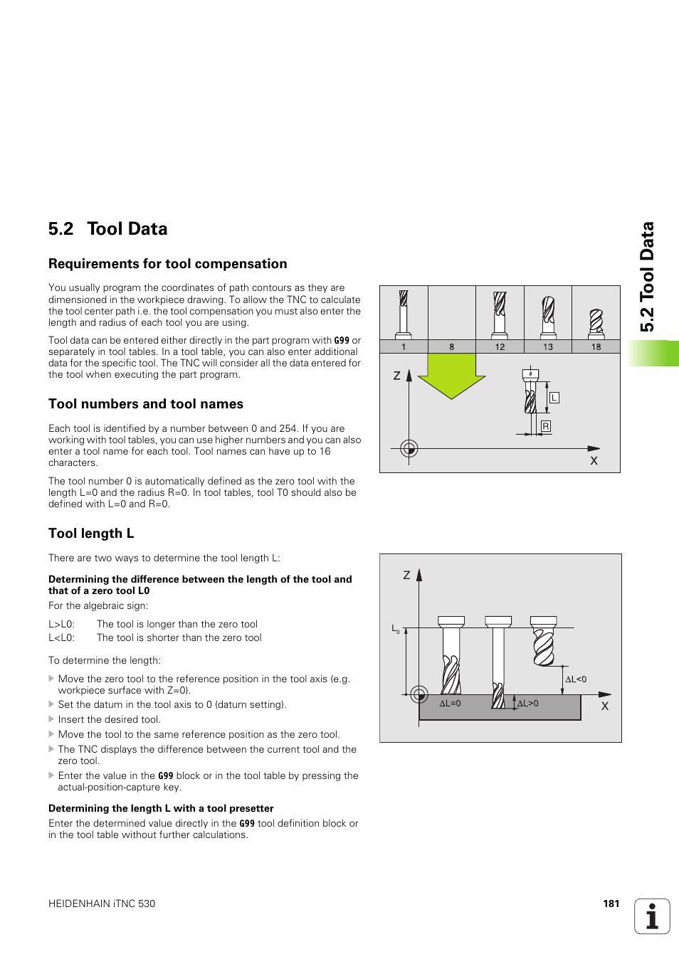 2 tool data, Requirements for tool compensation, Tool numbers and tool names | Tool length l, 2 t o ol d ata 5.2 tool data | HEIDENHAIN iTNC 530 (340 49x-03) ISO programming User Manual | Page 181 / 675