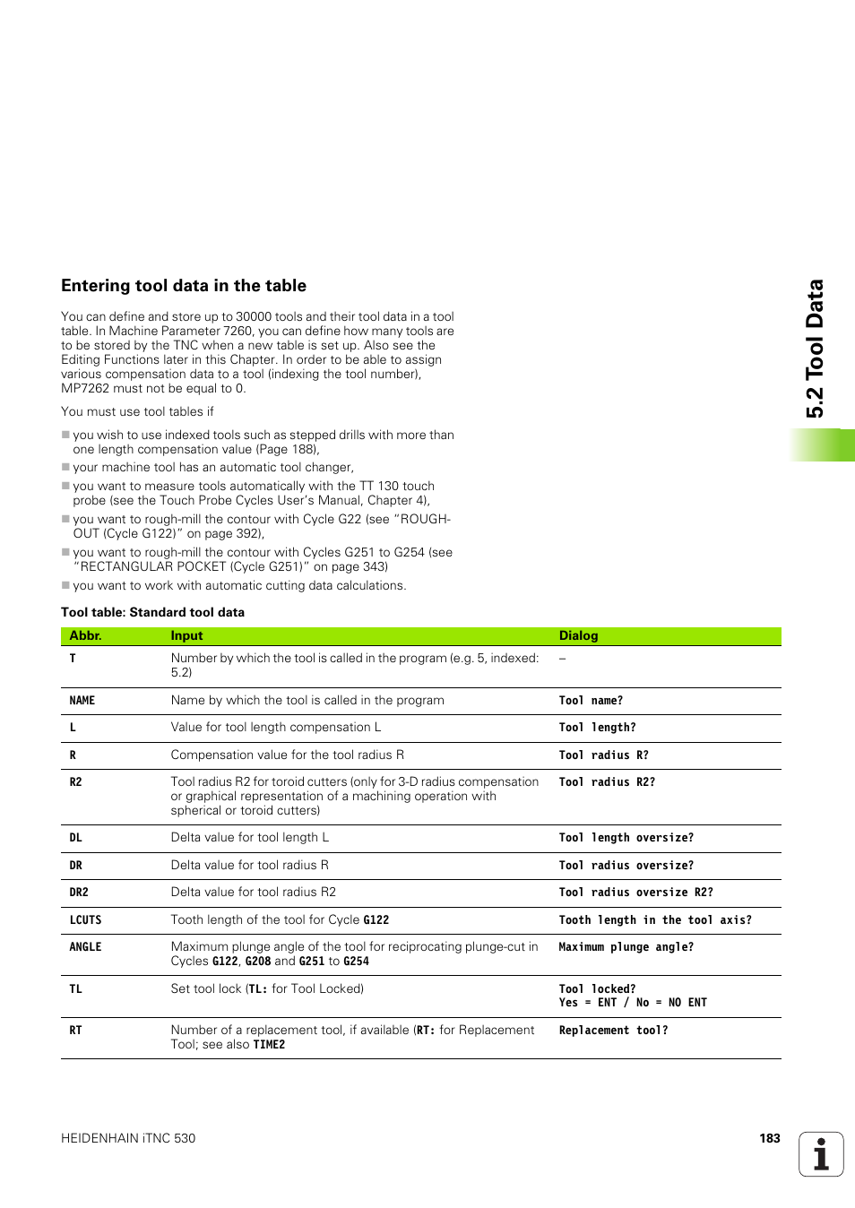 Entering tool data in the table, 2 t o ol d ata | HEIDENHAIN iTNC 530 (340 49x-03) ISO programming User Manual | Page 183 / 675