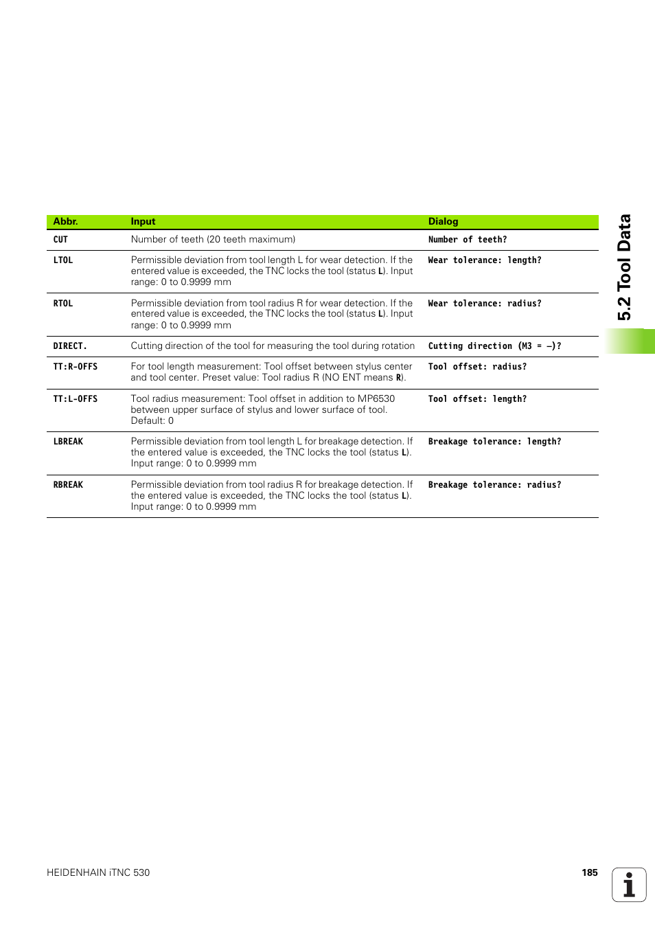 2 t o ol d ata | HEIDENHAIN iTNC 530 (340 49x-03) ISO programming User Manual | Page 185 / 675