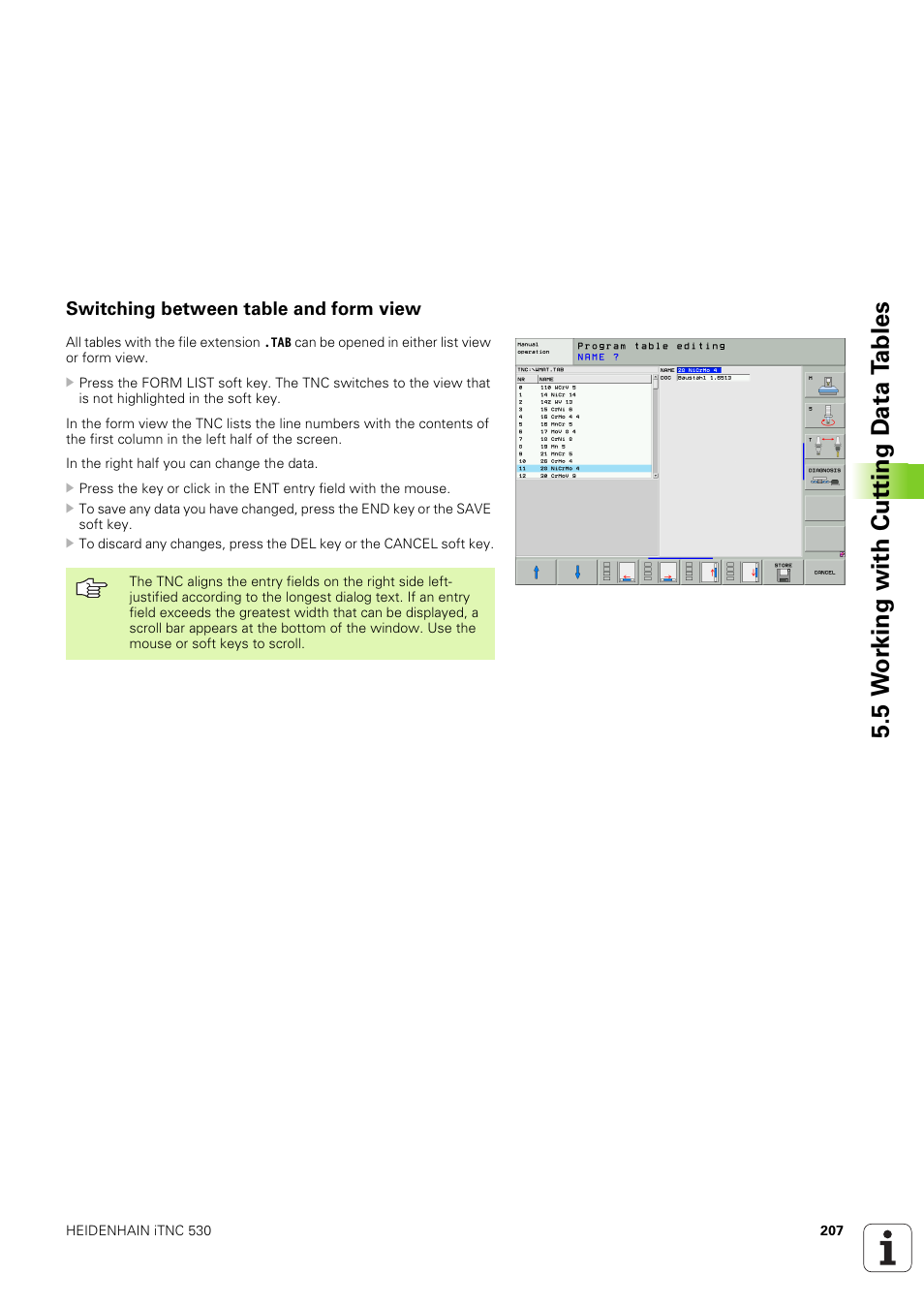 Switching between table and form view, 5 w o rk ing with cut ting d a ta t a bles | HEIDENHAIN iTNC 530 (340 49x-03) ISO programming User Manual | Page 207 / 675