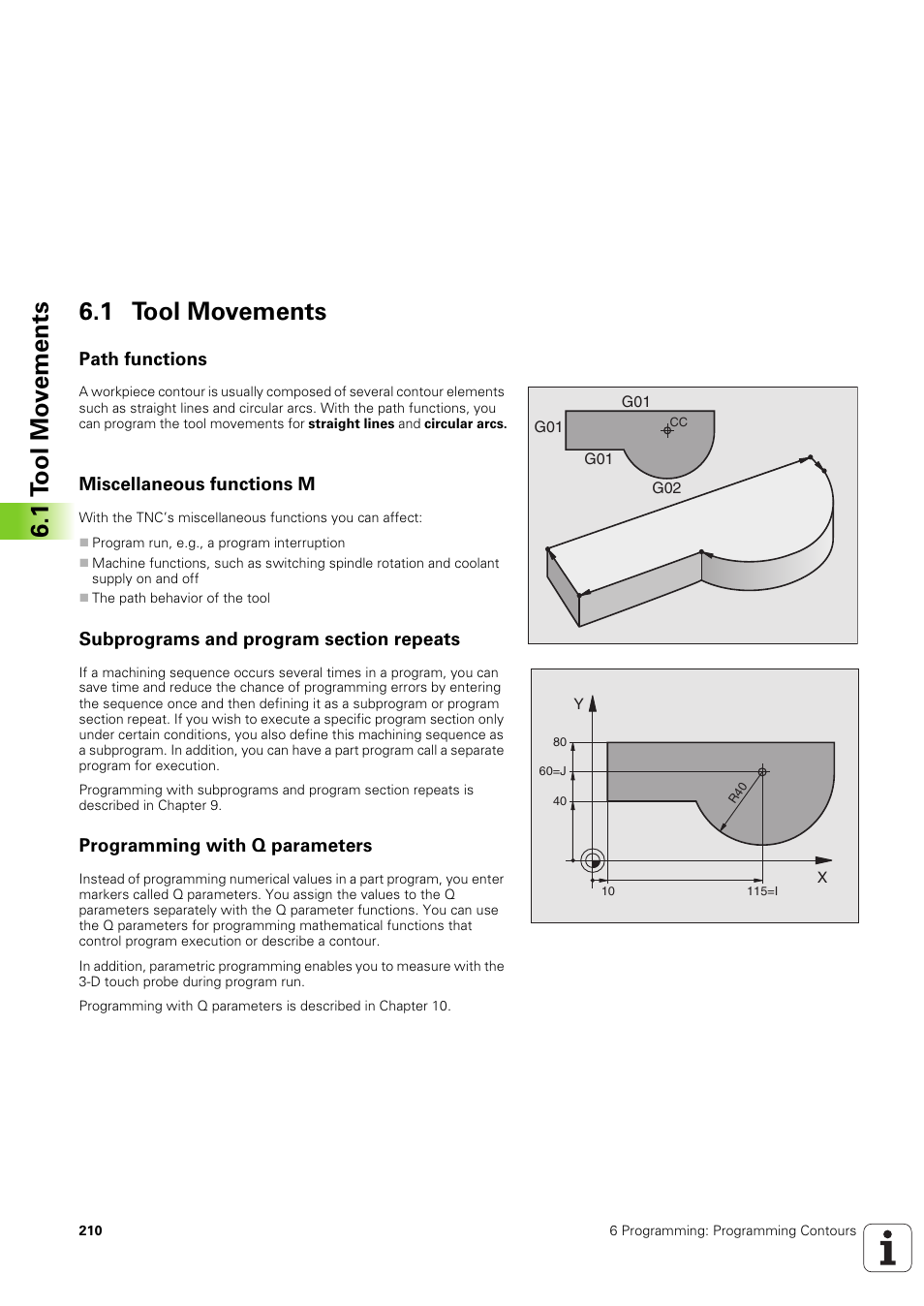1 tool movements, Path functions, Miscellaneous functions m | Subprograms and program section repeats, Programming with q parameters, 1 t o ol mo v e ments 6.1 tool movements | HEIDENHAIN iTNC 530 (340 49x-03) ISO programming User Manual | Page 210 / 675