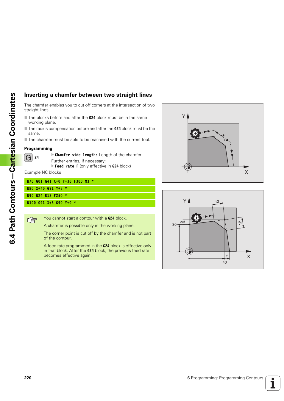 Inserting a chamfer between two straight lines, 4 p ath cont ours—car tesian coor dinat es | HEIDENHAIN iTNC 530 (340 49x-03) ISO programming User Manual | Page 220 / 675