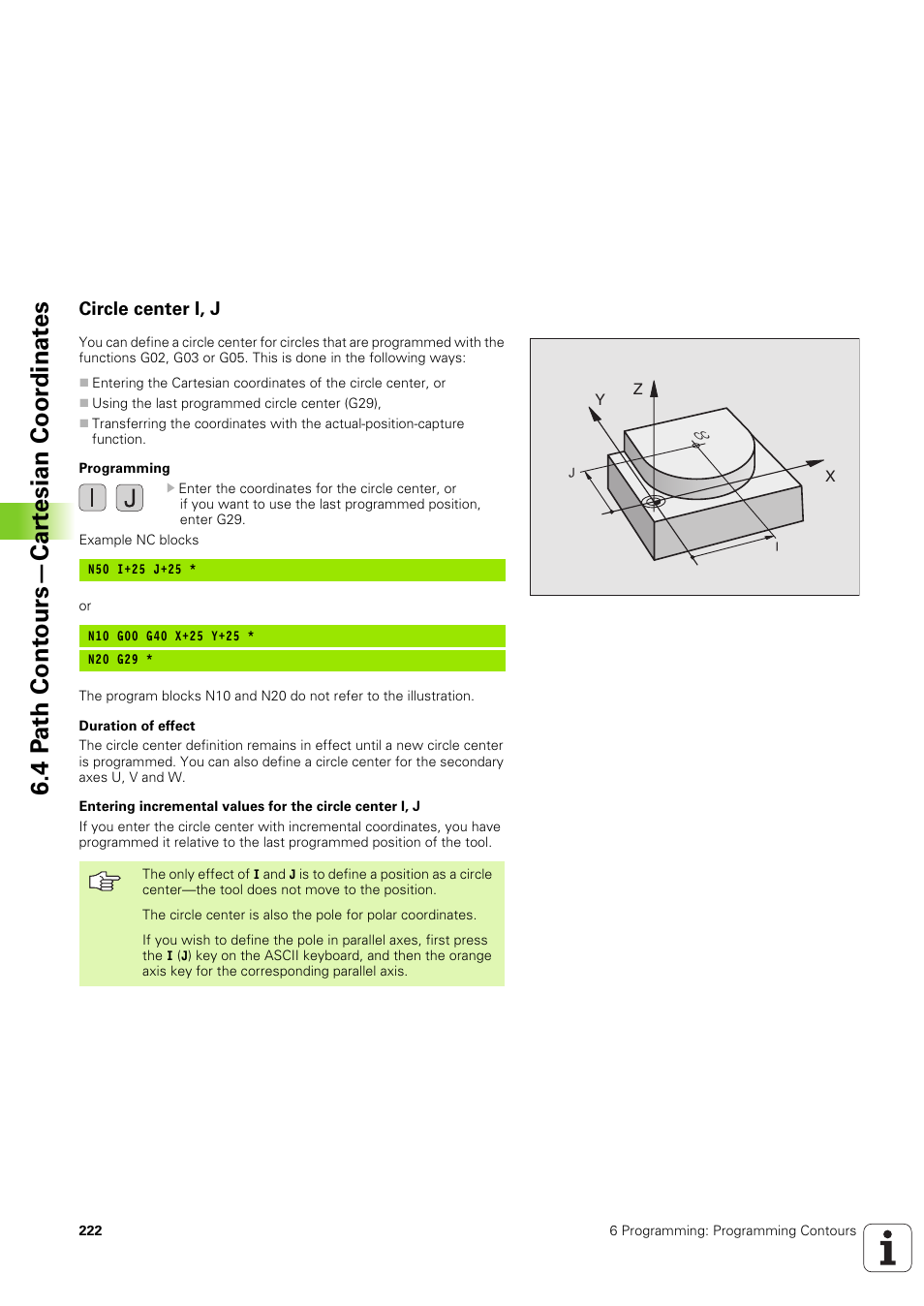 Circle center i, j, 4 p ath cont ours—car tesian coor dinat es | HEIDENHAIN iTNC 530 (340 49x-03) ISO programming User Manual | Page 222 / 675