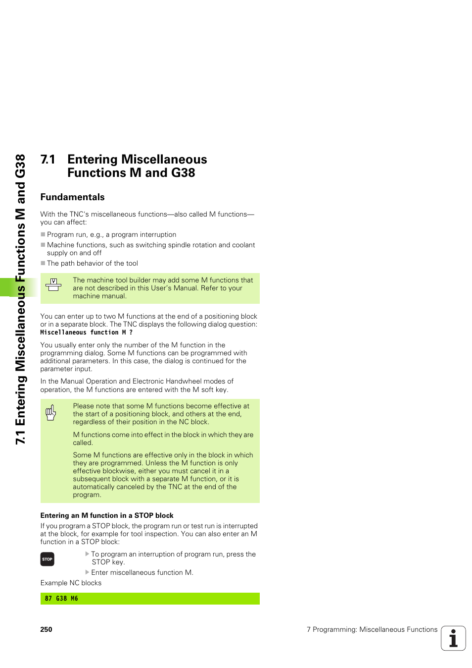 1 entering miscellaneous functions m and g38, Fundamentals | HEIDENHAIN iTNC 530 (340 49x-03) ISO programming User Manual | Page 250 / 675