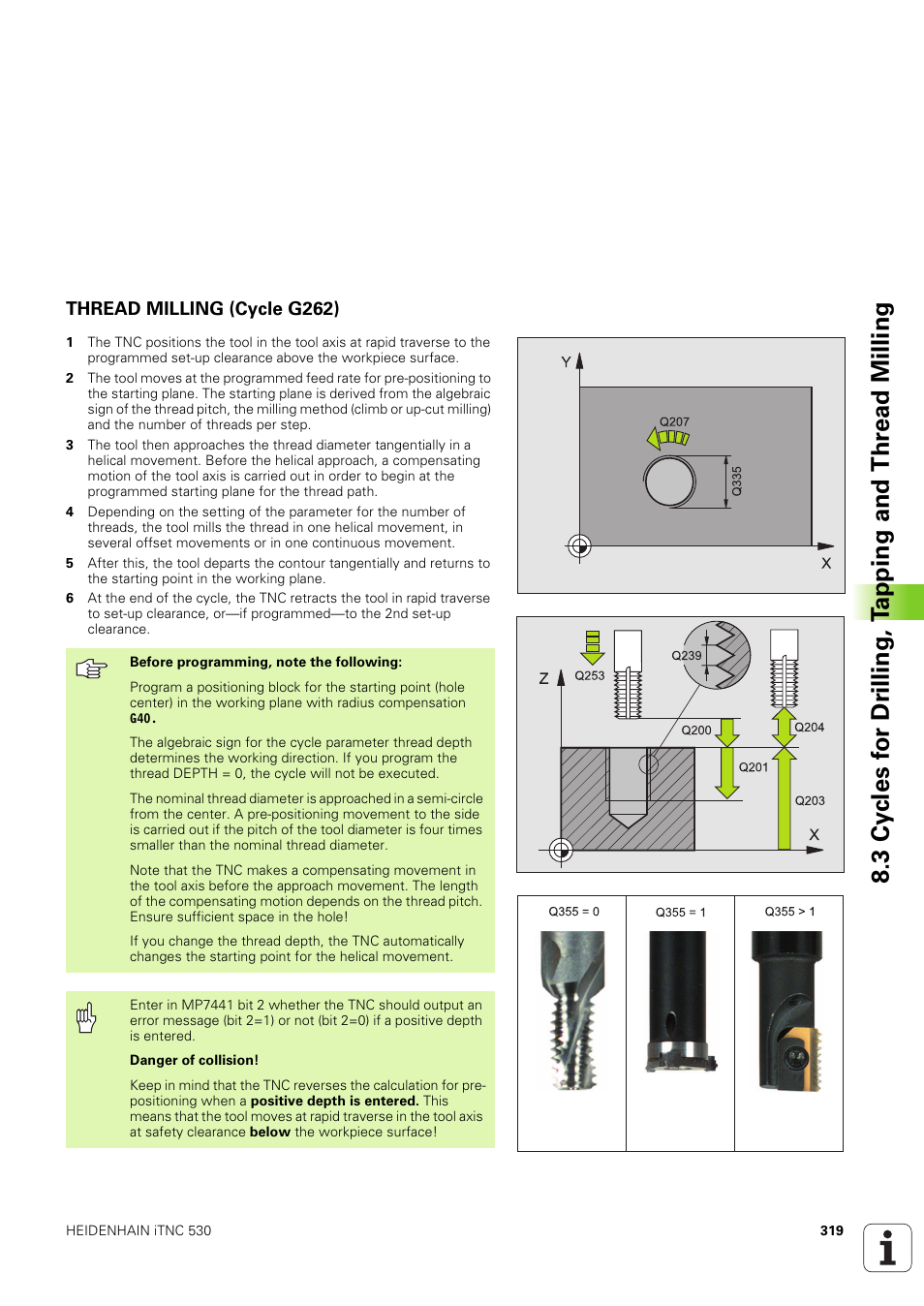 Thread milling (cycle g262) | HEIDENHAIN iTNC 530 (340 49x-03) ISO programming User Manual | Page 319 / 675