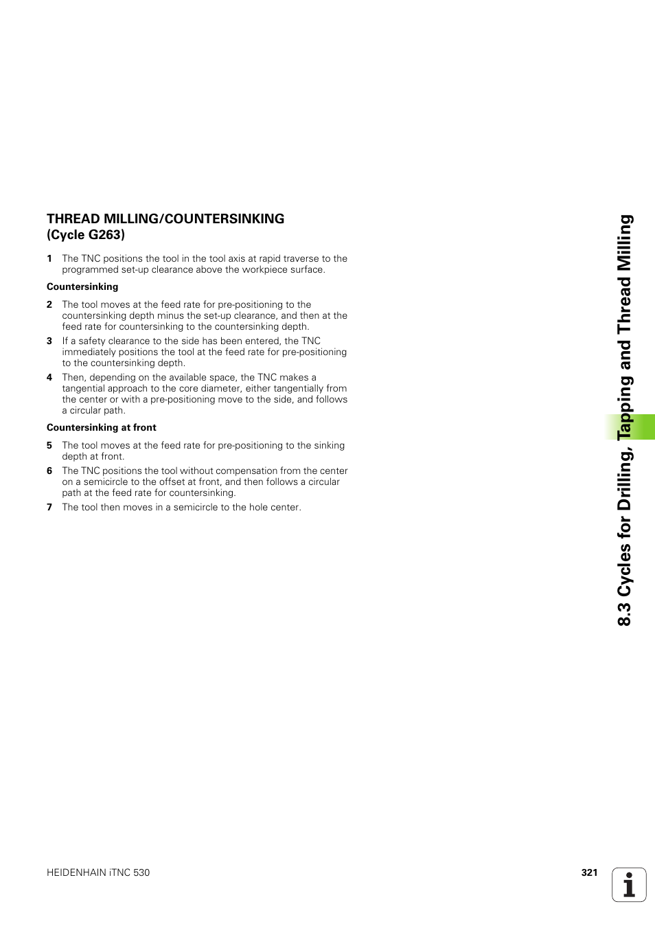 Thread milling/countersinking (cycle g263) | HEIDENHAIN iTNC 530 (340 49x-03) ISO programming User Manual | Page 321 / 675