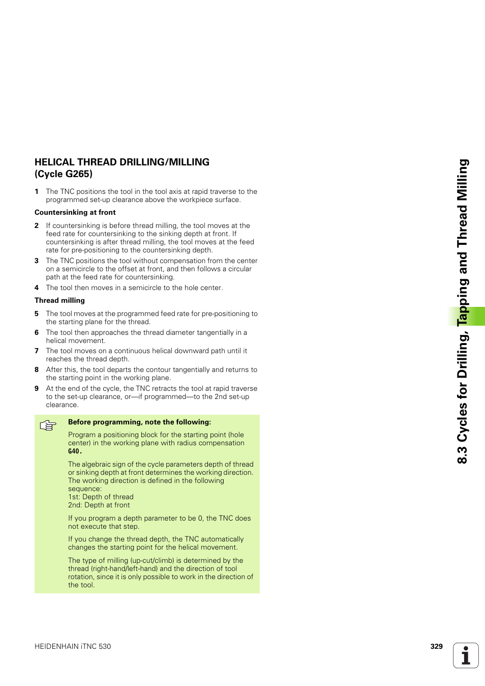Helical thread drilling/milling (cycle g265) | HEIDENHAIN iTNC 530 (340 49x-03) ISO programming User Manual | Page 329 / 675