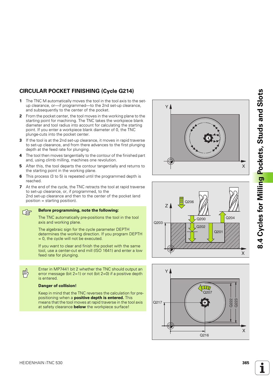 Circular pocket finishing (cycle g214) | HEIDENHAIN iTNC 530 (340 49x-03) ISO programming User Manual | Page 365 / 675