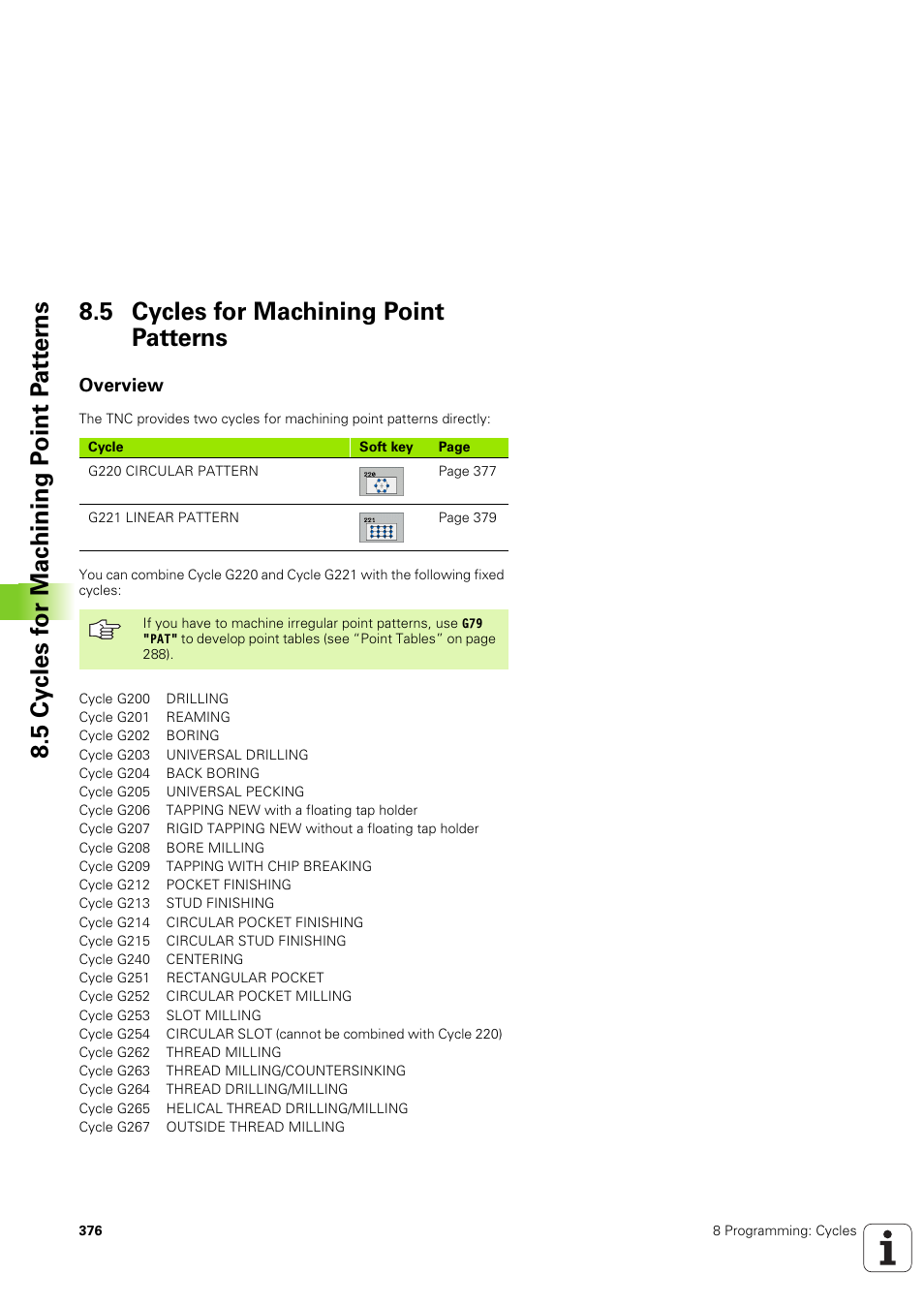 5 cycles for machining point patterns, Overview | HEIDENHAIN iTNC 530 (340 49x-03) ISO programming User Manual | Page 376 / 675