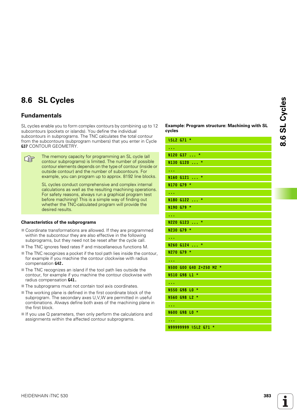 6 sl cycles, Fundamentals, 6 sl cy cles 8.6 sl cycles | HEIDENHAIN iTNC 530 (340 49x-03) ISO programming User Manual | Page 383 / 675