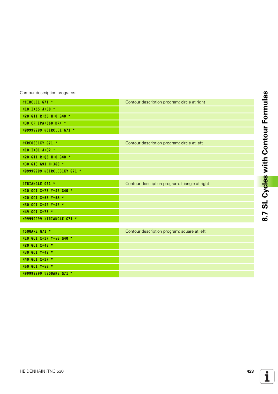 7 sl cy cles with cont our f o rm ulas | HEIDENHAIN iTNC 530 (340 49x-03) ISO programming User Manual | Page 423 / 675