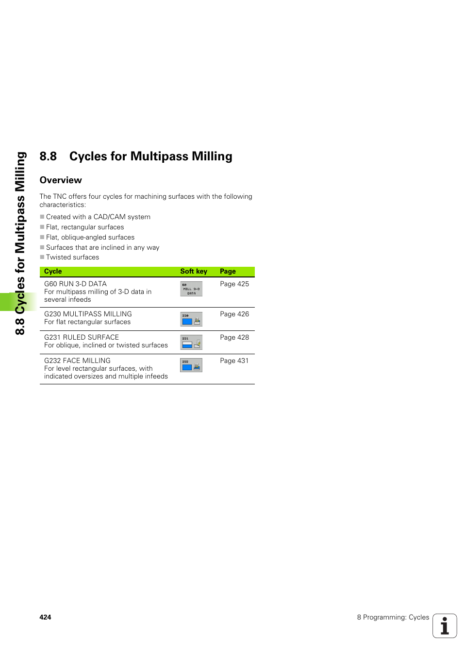 8 cycles for multipass milling, Overview | HEIDENHAIN iTNC 530 (340 49x-03) ISO programming User Manual | Page 424 / 675