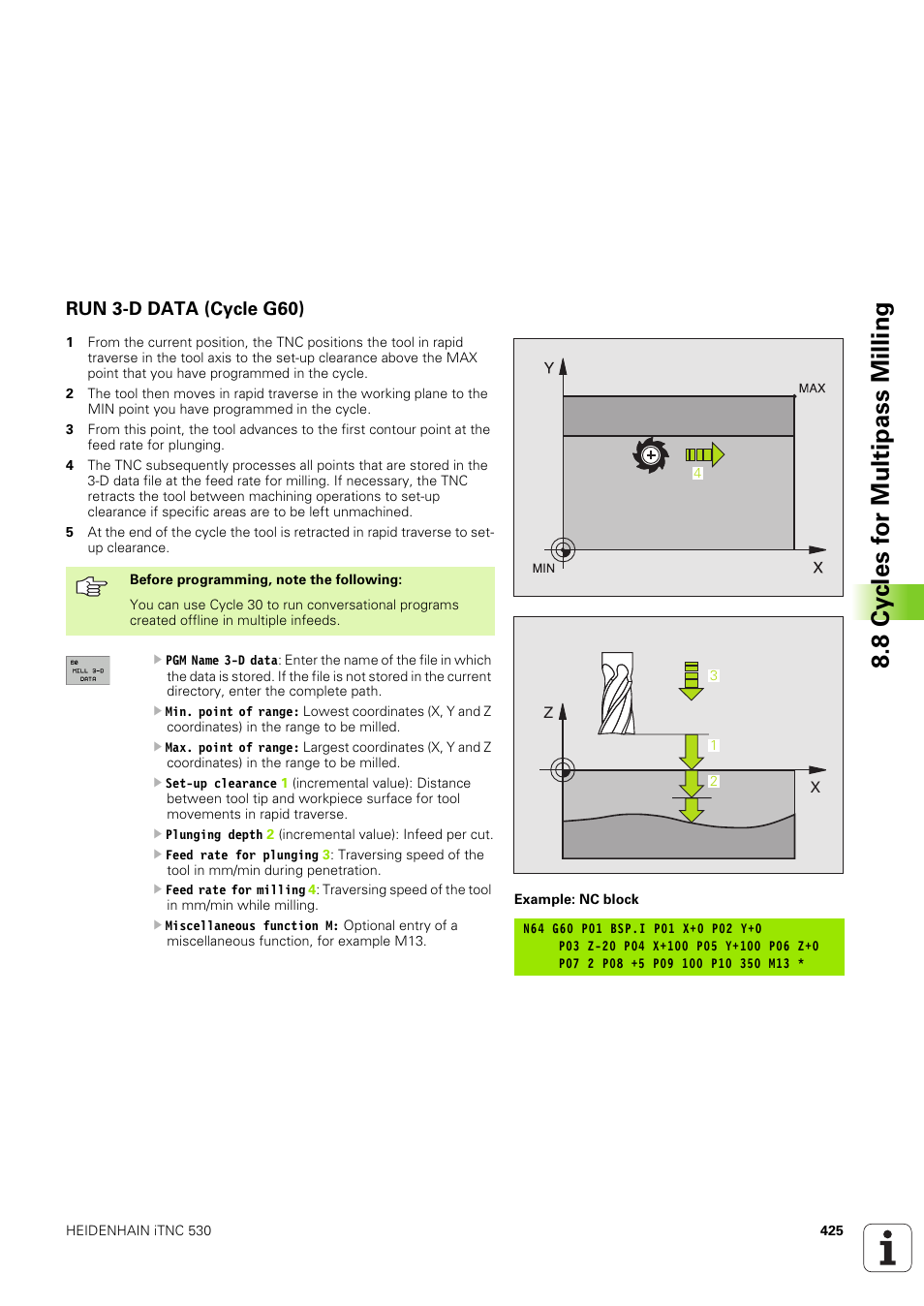 Run 3-d data (cycle g60) | HEIDENHAIN iTNC 530 (340 49x-03) ISO programming User Manual | Page 425 / 675