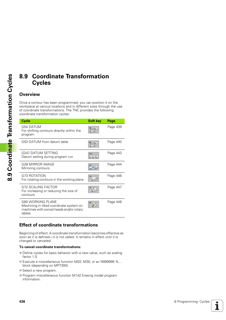 9 coordinate transformation cycles, Overview, Effect of coordinate transformations | HEIDENHAIN iTNC 530 (340 49x-03) ISO programming User Manual | Page 438 / 675