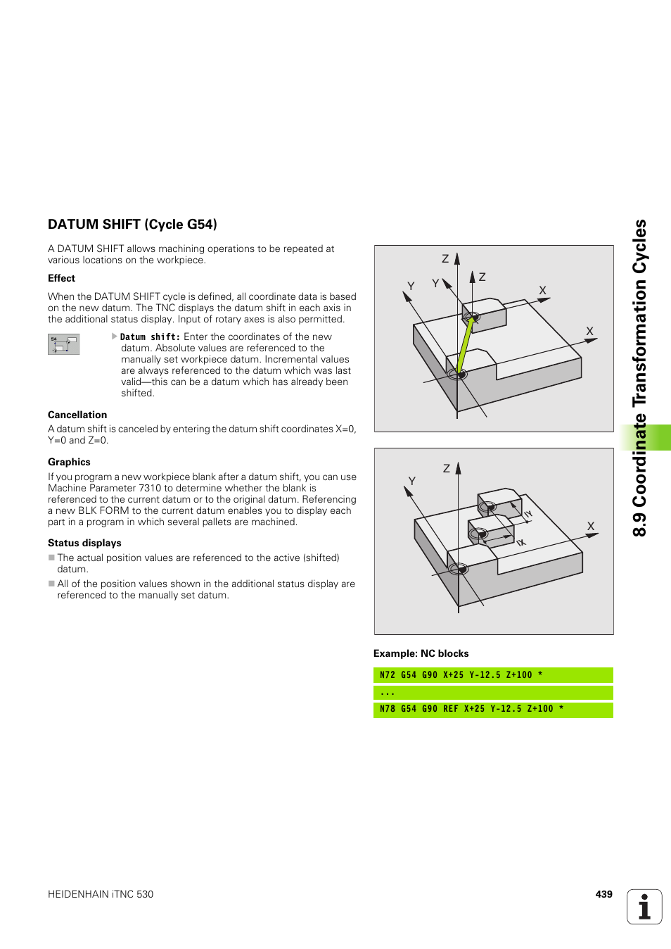 Datum shift (cycle g54), 9 coor dinat e t ransf or mation cy cles | HEIDENHAIN iTNC 530 (340 49x-03) ISO programming User Manual | Page 439 / 675