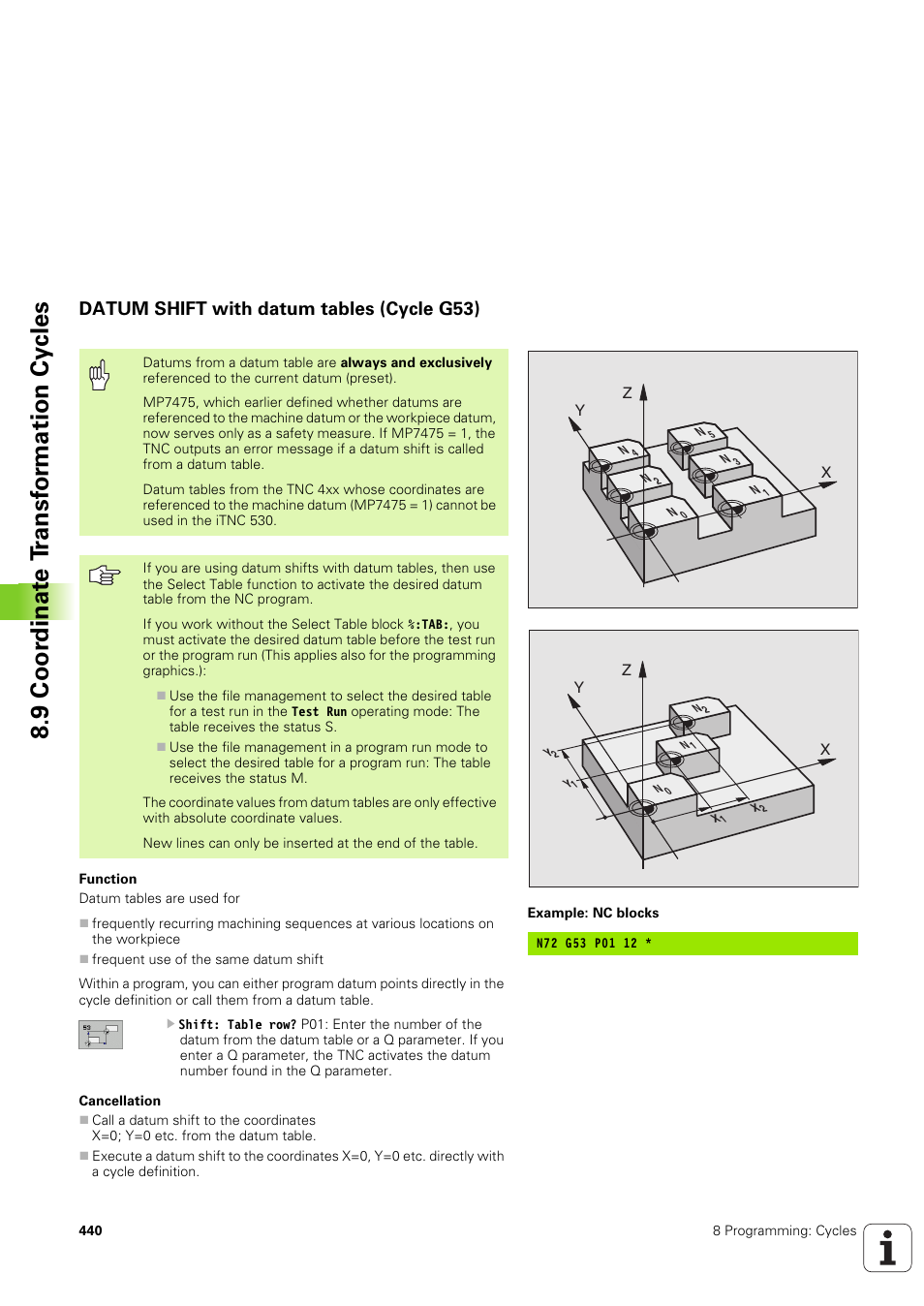 Datum shift with datum tables (cycle g53), 9 coor dinat e t ransf or mation cy cles | HEIDENHAIN iTNC 530 (340 49x-03) ISO programming User Manual | Page 440 / 675