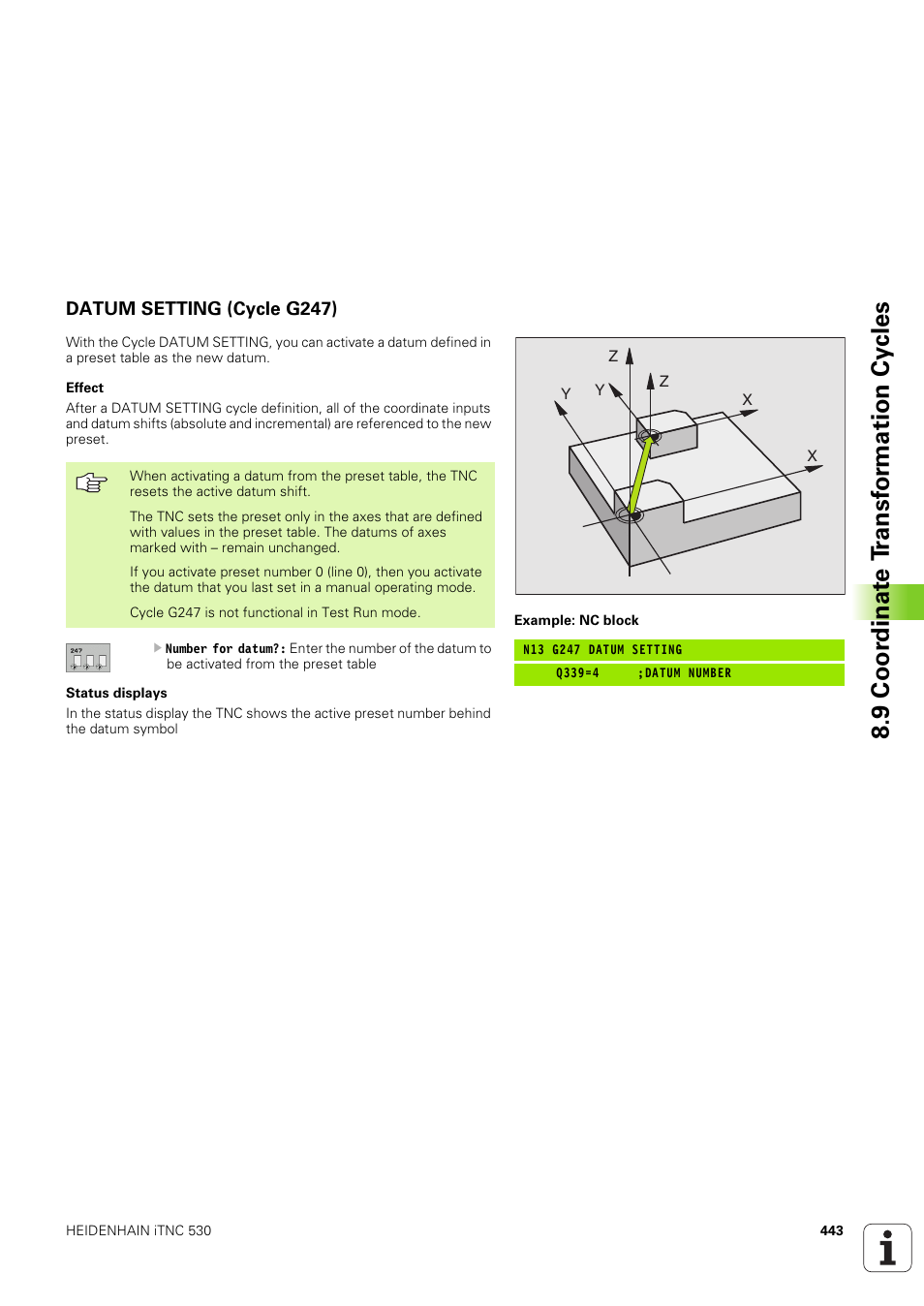 Datum setting (cycle g247), 9 coor dinat e t ransf or mation cy cles | HEIDENHAIN iTNC 530 (340 49x-03) ISO programming User Manual | Page 443 / 675