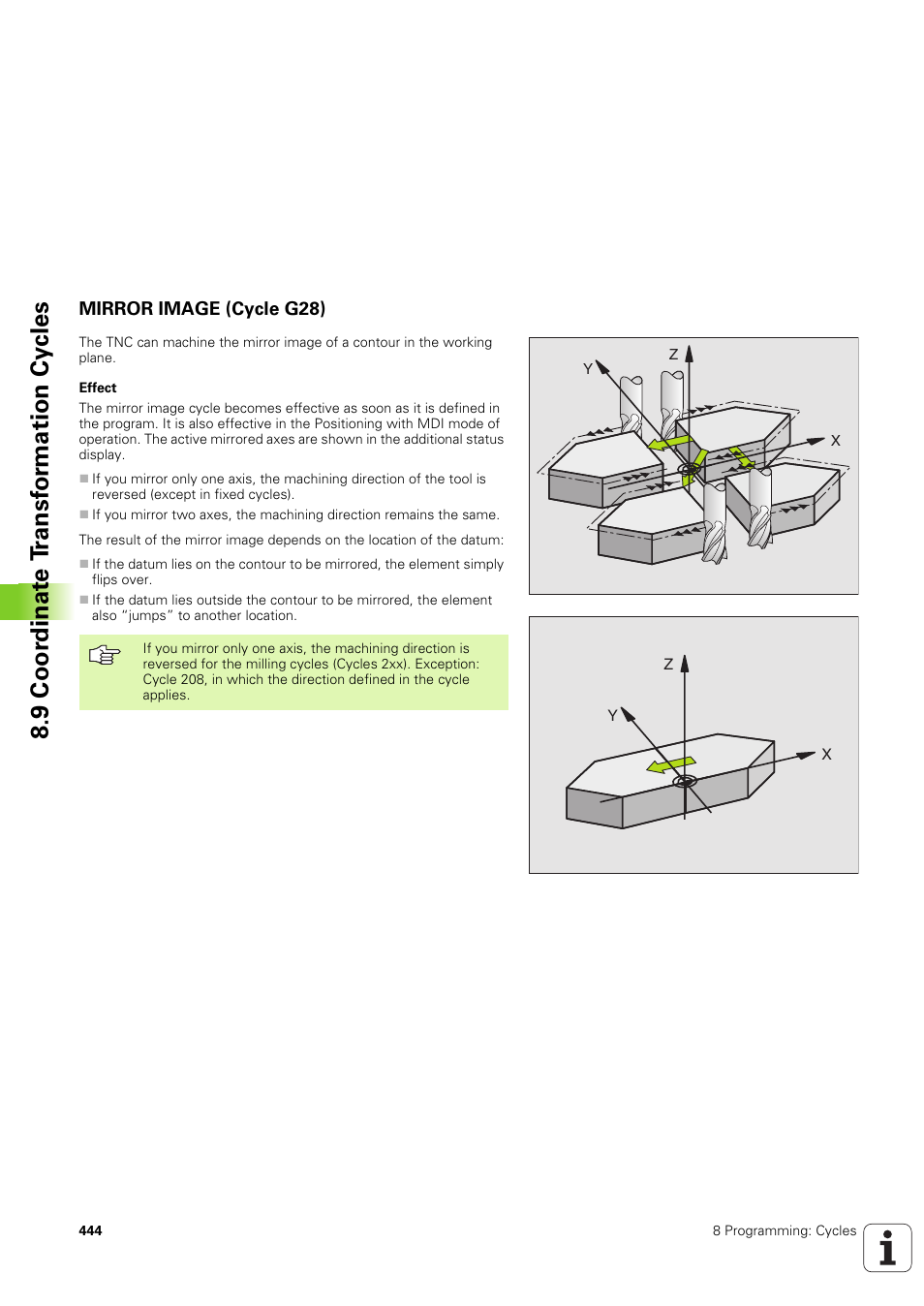 Mirror image (cycle g28), 9 coor dinat e t ransf or mation cy cles | HEIDENHAIN iTNC 530 (340 49x-03) ISO programming User Manual | Page 444 / 675