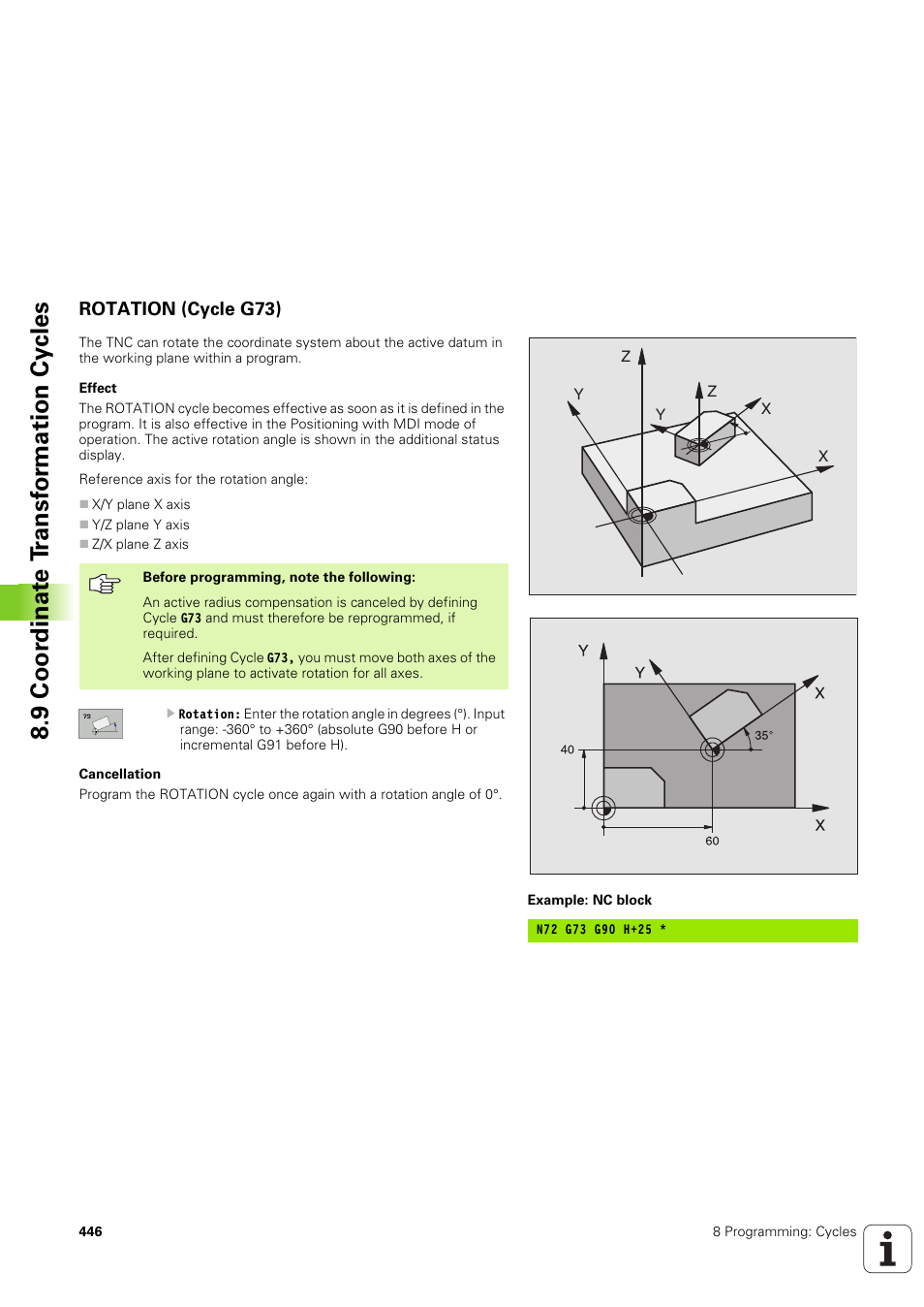 Rotation (cycle g73), 9 coor dinat e t ransf or mation cy cles | HEIDENHAIN iTNC 530 (340 49x-03) ISO programming User Manual | Page 446 / 675