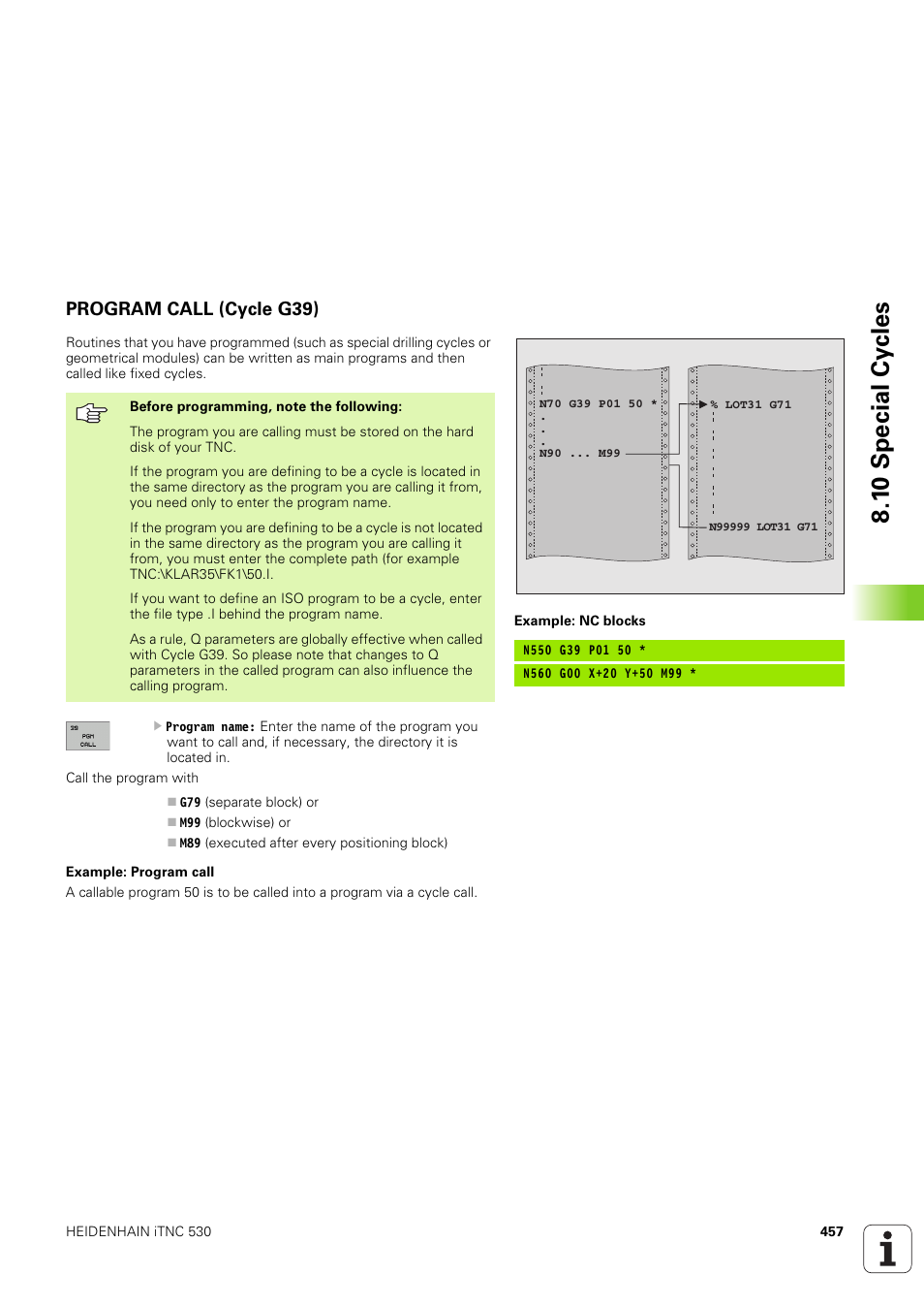 Program call (cycle g39), 1 0 special cy cles | HEIDENHAIN iTNC 530 (340 49x-03) ISO programming User Manual | Page 457 / 675