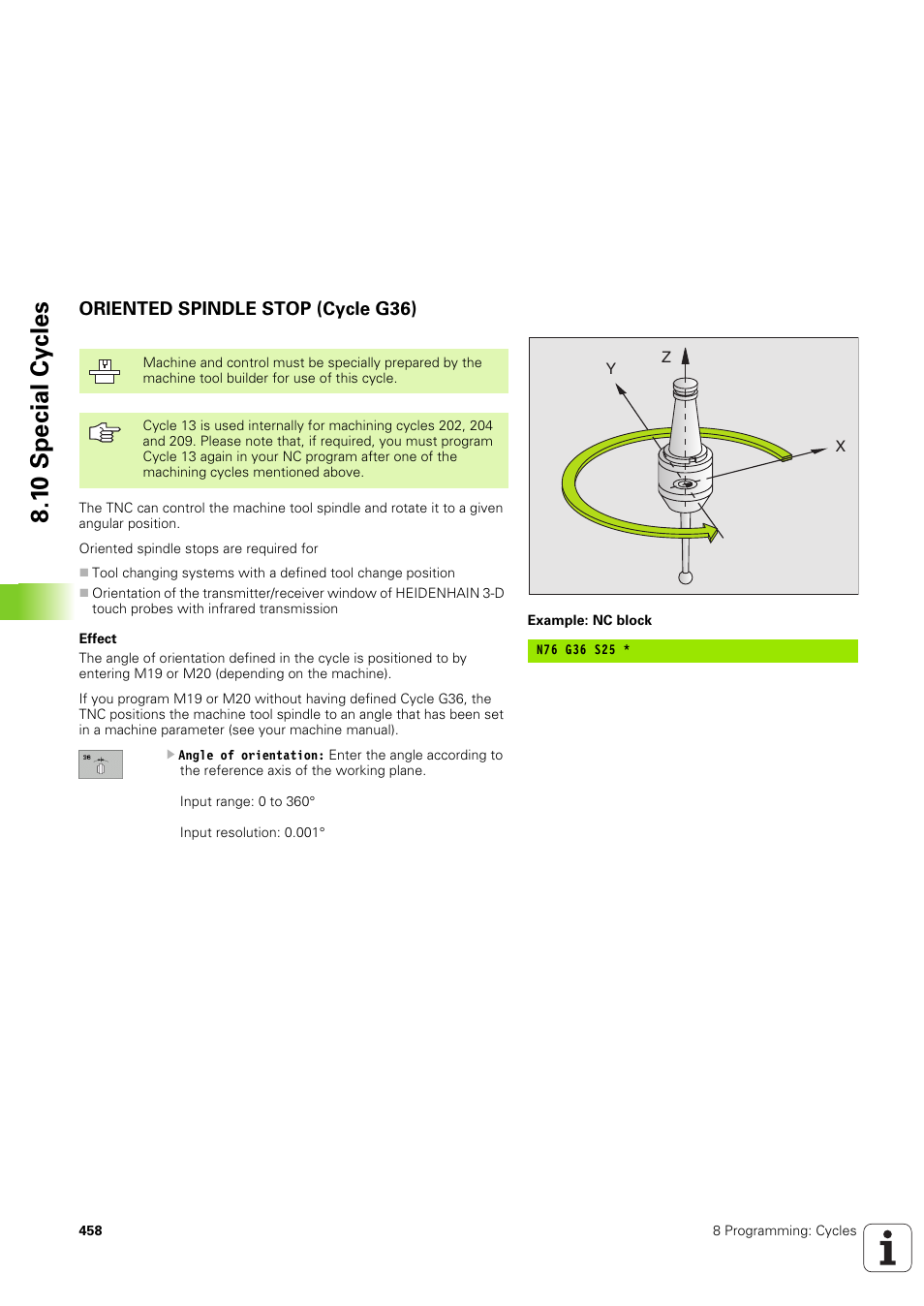 Oriented spindle stop (cycle g36), 1 0 special cy cles | HEIDENHAIN iTNC 530 (340 49x-03) ISO programming User Manual | Page 458 / 675