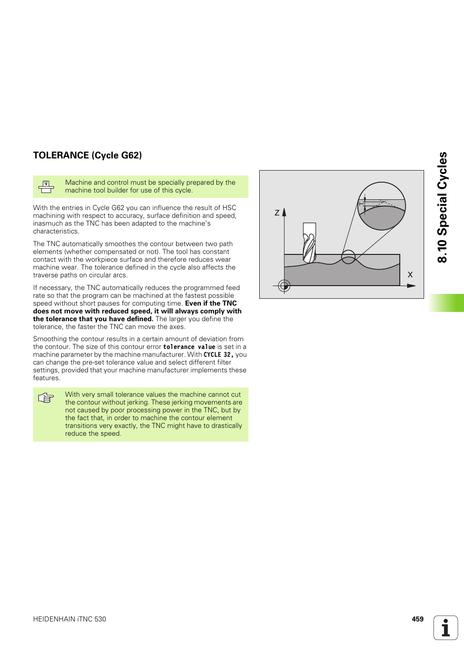 Tolerance (cycle g62), 1 0 special cy cles | HEIDENHAIN iTNC 530 (340 49x-03) ISO programming User Manual | Page 459 / 675