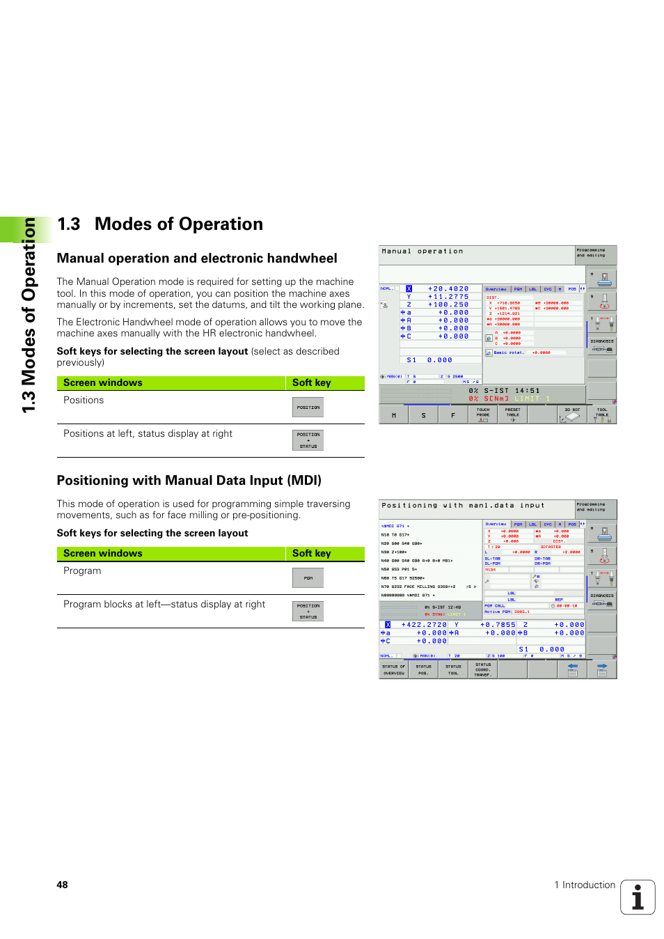 3 modes of operation, Manual operation and electronic handwheel, Positioning with manual data input (mdi) | 3 modes of oper ation 1.3 modes of operation | HEIDENHAIN iTNC 530 (340 49x-03) ISO programming User Manual | Page 48 / 675