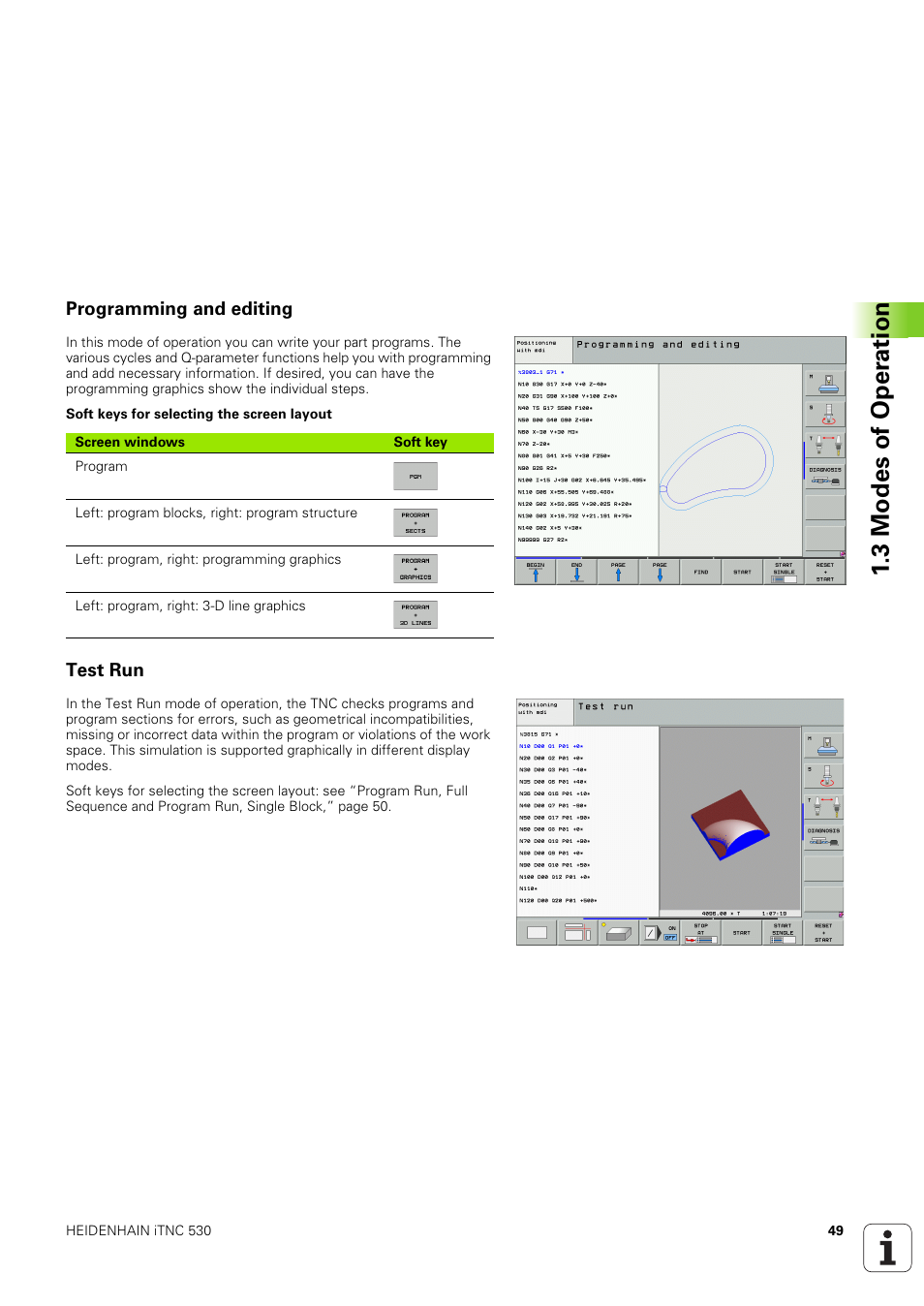 Programming and editing, Test run, 3 modes of oper ation | HEIDENHAIN iTNC 530 (340 49x-03) ISO programming User Manual | Page 49 / 675