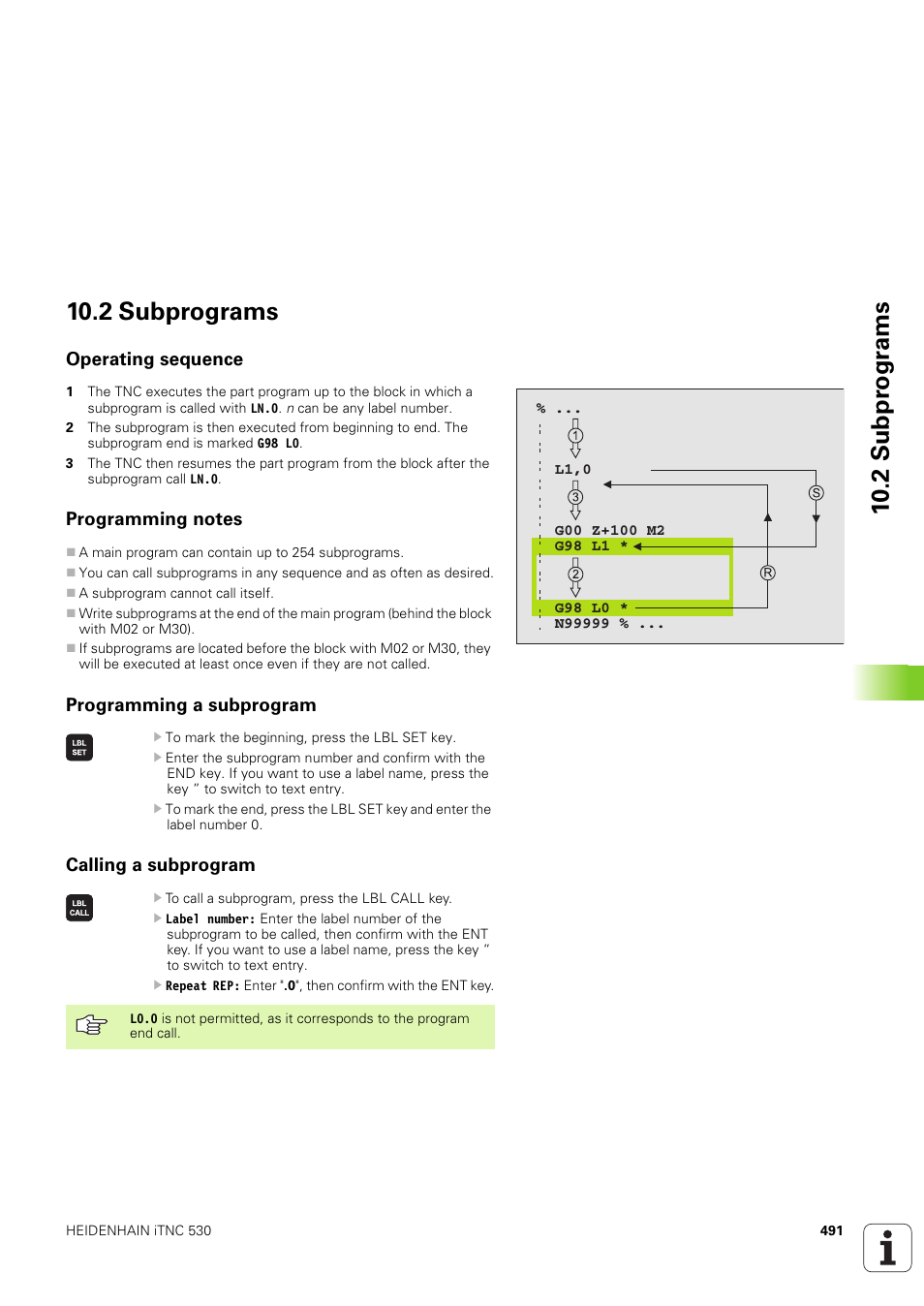 2 subprograms, Operating sequence, Programming notes | Programming a subprogram, Calling a subprogram, 2 subpr o gr ams 10.2 subprograms | HEIDENHAIN iTNC 530 (340 49x-03) ISO programming User Manual | Page 491 / 675
