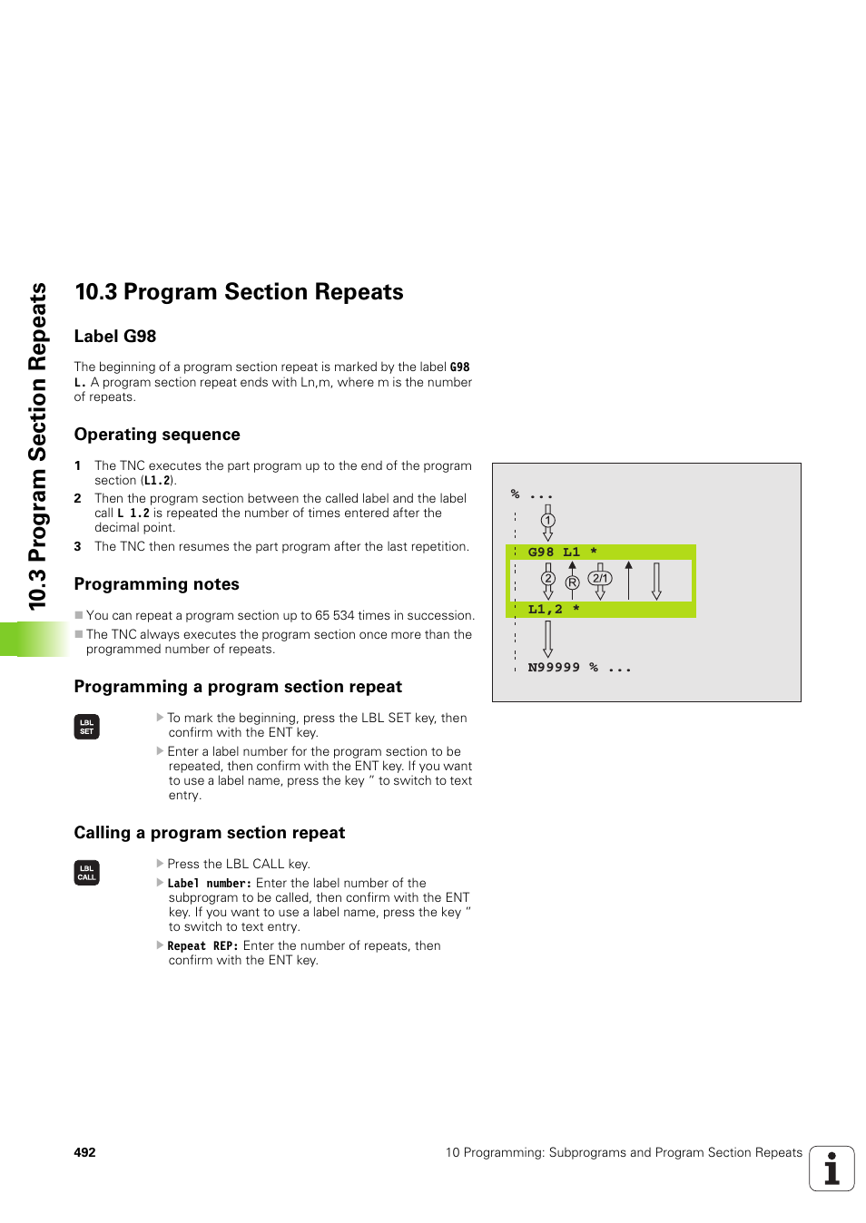 3 program section repeats, Label g98, Operating sequence | Programming notes, Programming a program section repeat, Calling a program section repeat | HEIDENHAIN iTNC 530 (340 49x-03) ISO programming User Manual | Page 492 / 675